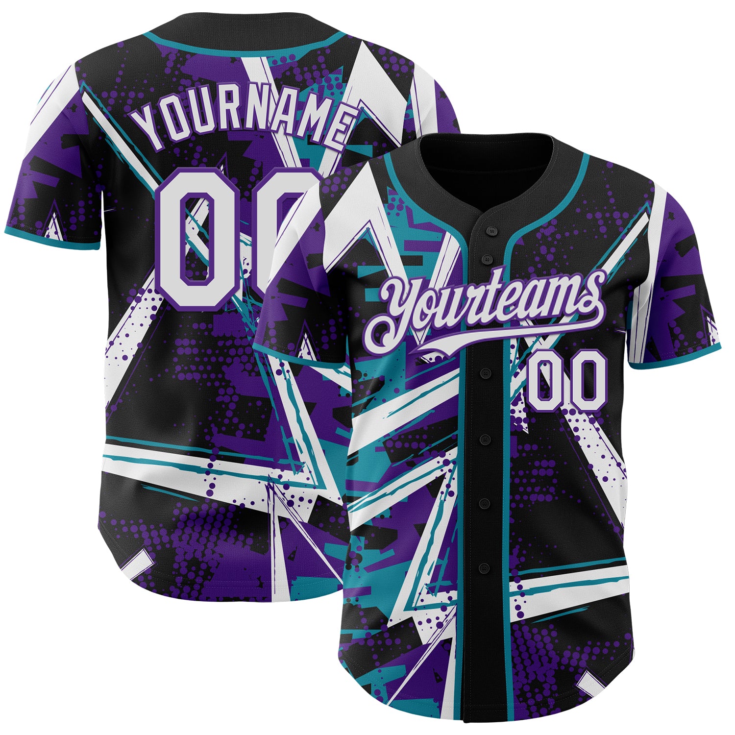 Custom Black White Teal-Purple Geometric Shards Dot Grid Authentic Baseball Jersey