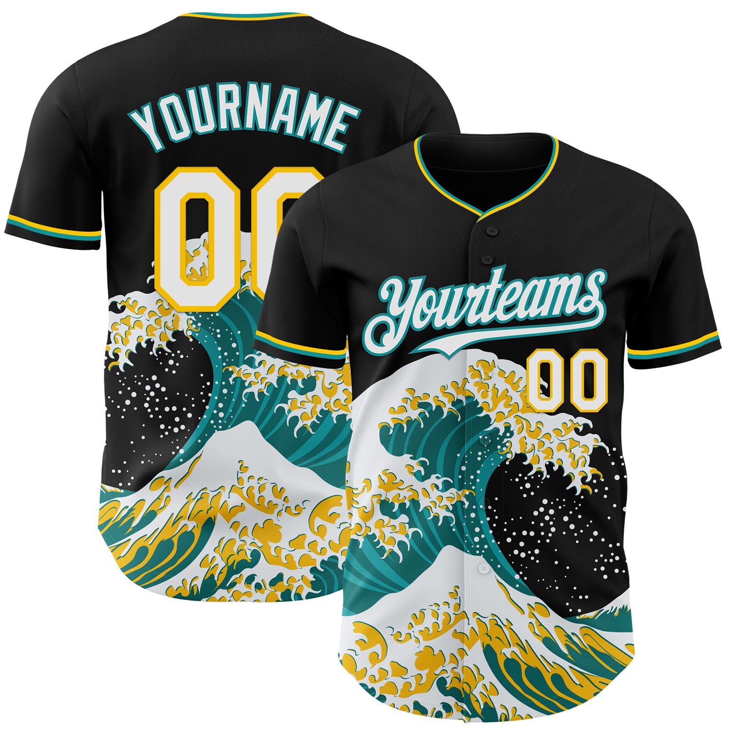 Custom Black White Teal-Yellow Japanese Wave 3D Pattern Design Authentic Baseball Jersey