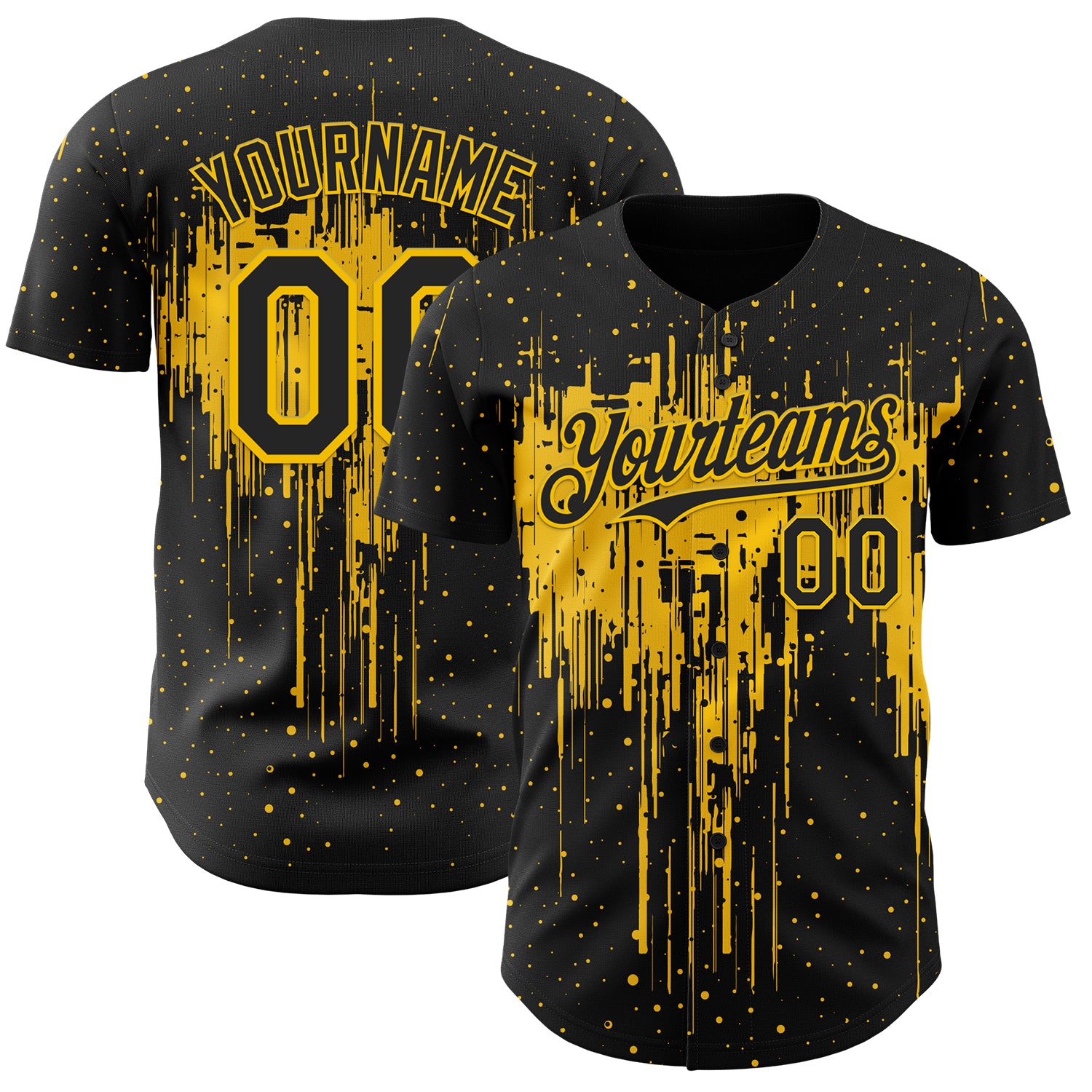 Custom Black Yellow 3D Pattern Design Dripping Splatter Paint Authentic Baseball Jersey
