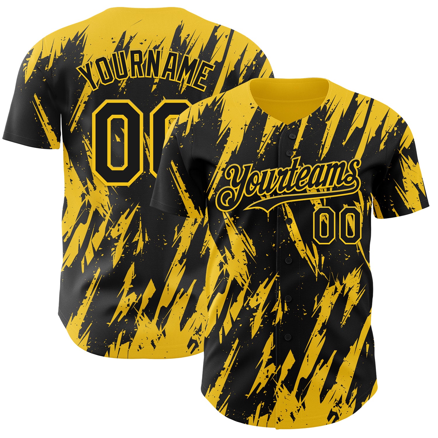 Custom Black Yellow 3D Pattern Design Splatter Torn Sharp Brush Stroke Authentic Baseball Jersey