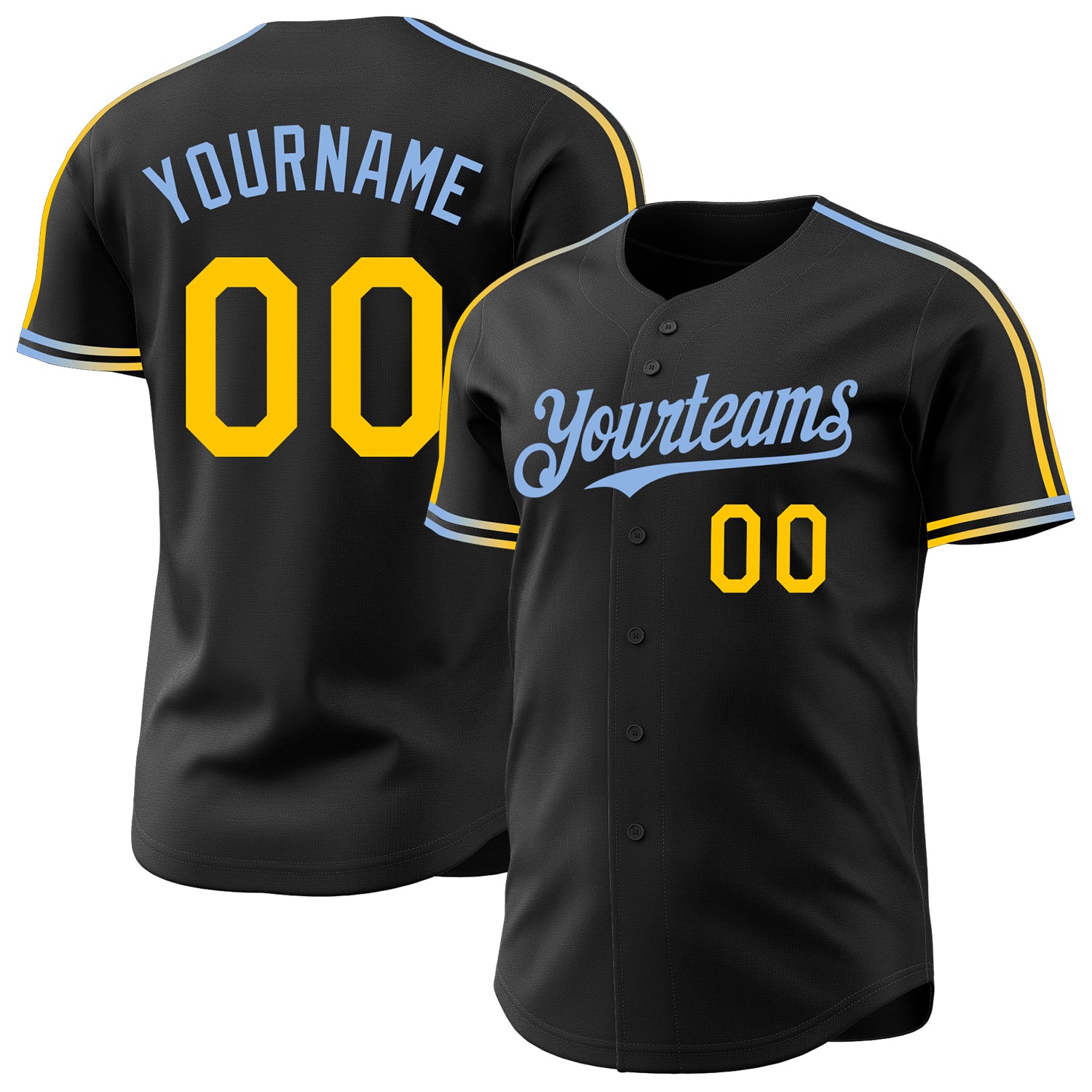 Custom Black Yellow-Light Blue Raglan Line Gradient Stripe Authentic Baseball Jersey