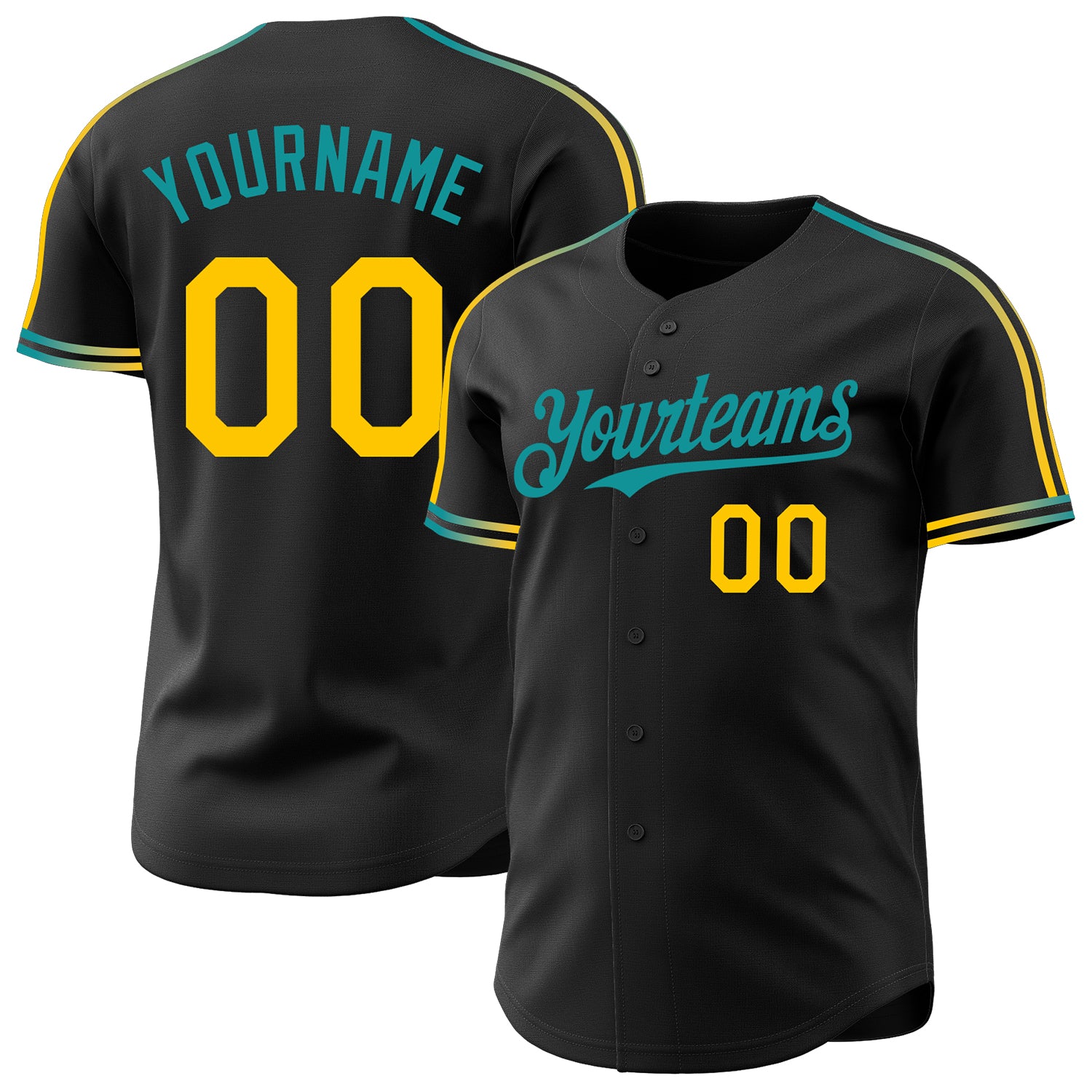 Custom Black Yellow-Teal Raglan Line Gradient Stripe Authentic Baseball Jersey