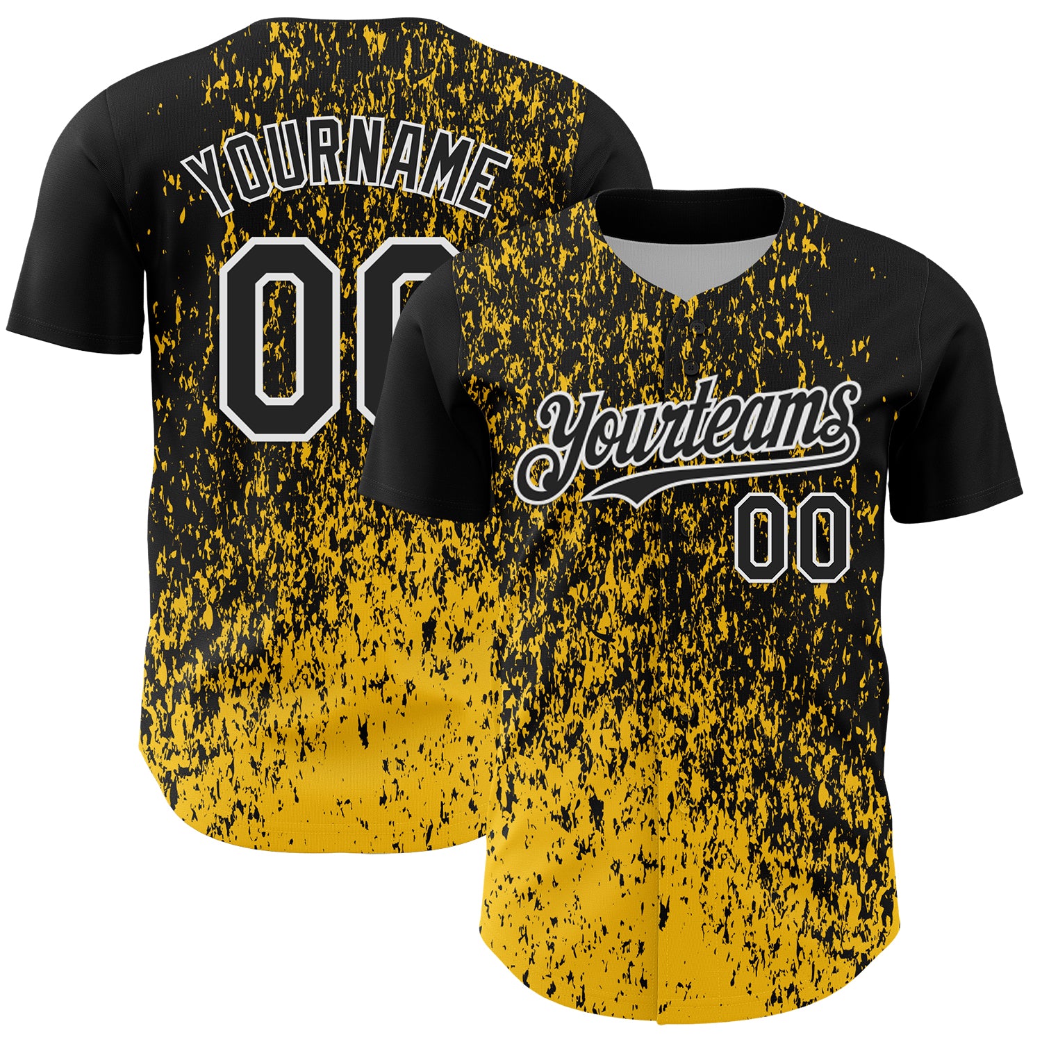 Custom Black Yellow-White 3D Pattern Design Abstract Fragment Splatter Authentic Baseball Jersey