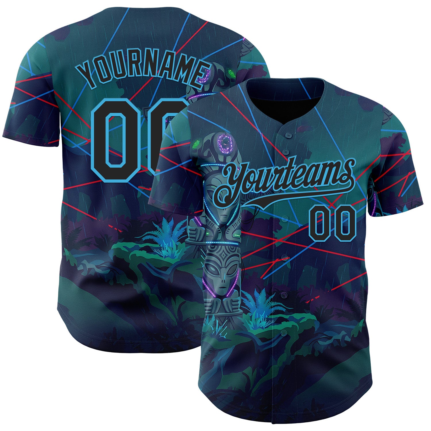Custom Blue Black-Sky Blue Cyber Tropical Palm Trees Gothic Fantasy Authentic Baseball Jersey