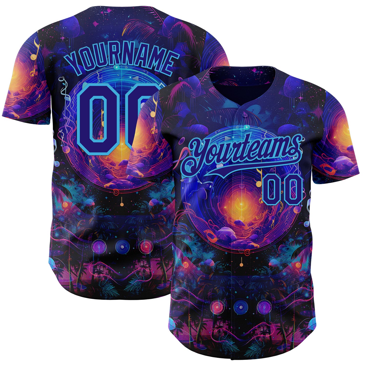 Custom Blue Dark Purple-Sky Blue Cyber Tropical Palm Trees Music Festival Cosmic Nebula Authentic Baseball Jersey