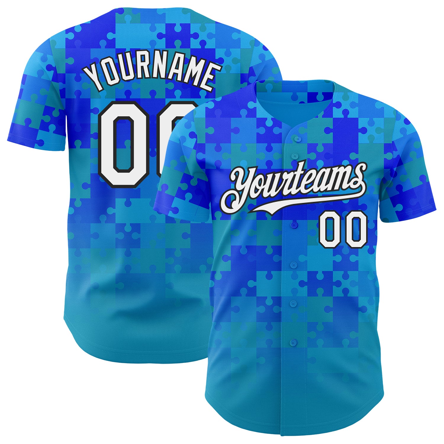 Custom Blue White-Black Puzzle 3D Pattern Design Authentic Baseball Jersey