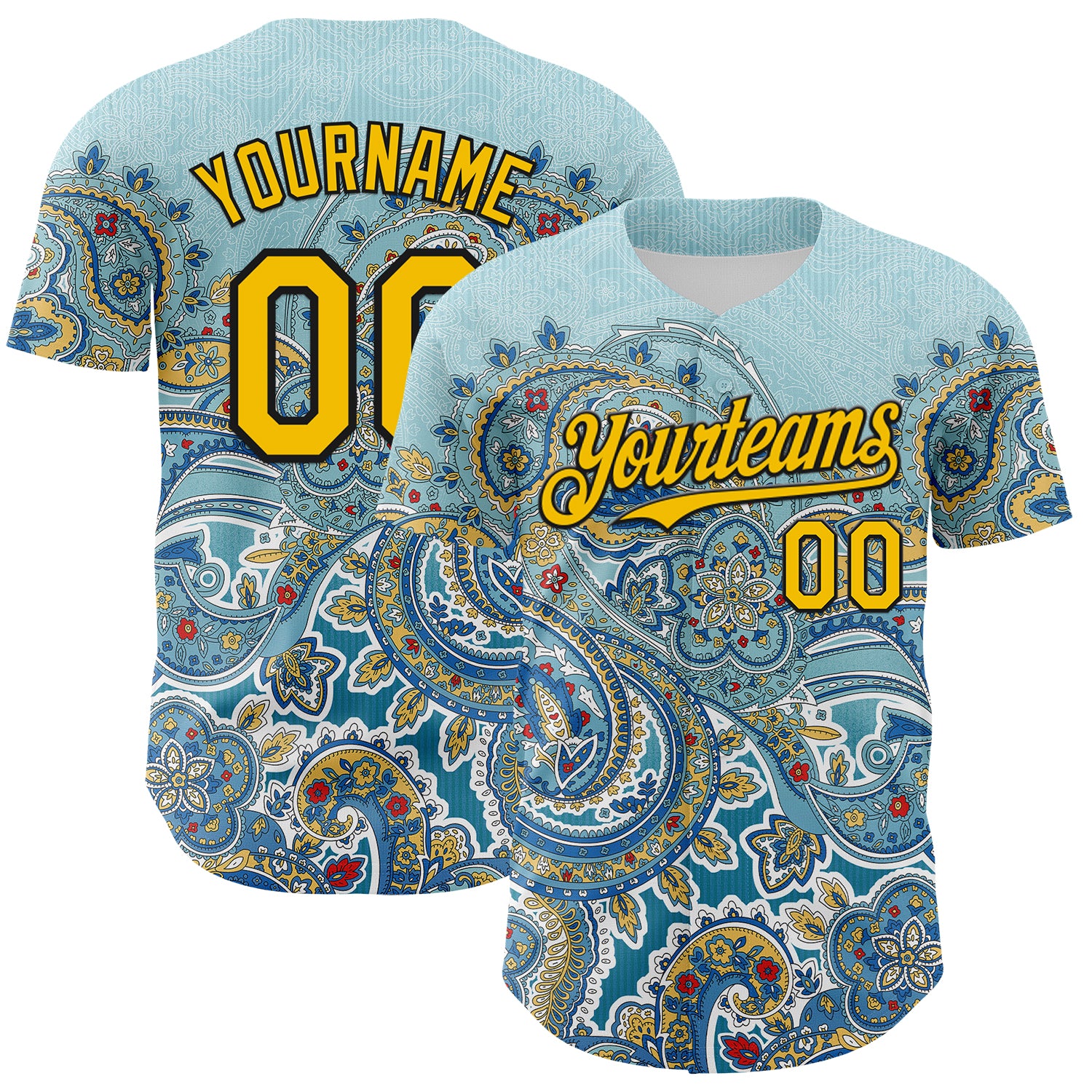 Custom Blue Yellow-Black 3D Pattern Design Rave Party Ethnic Paisley Bandana Authentic Baseball Jersey