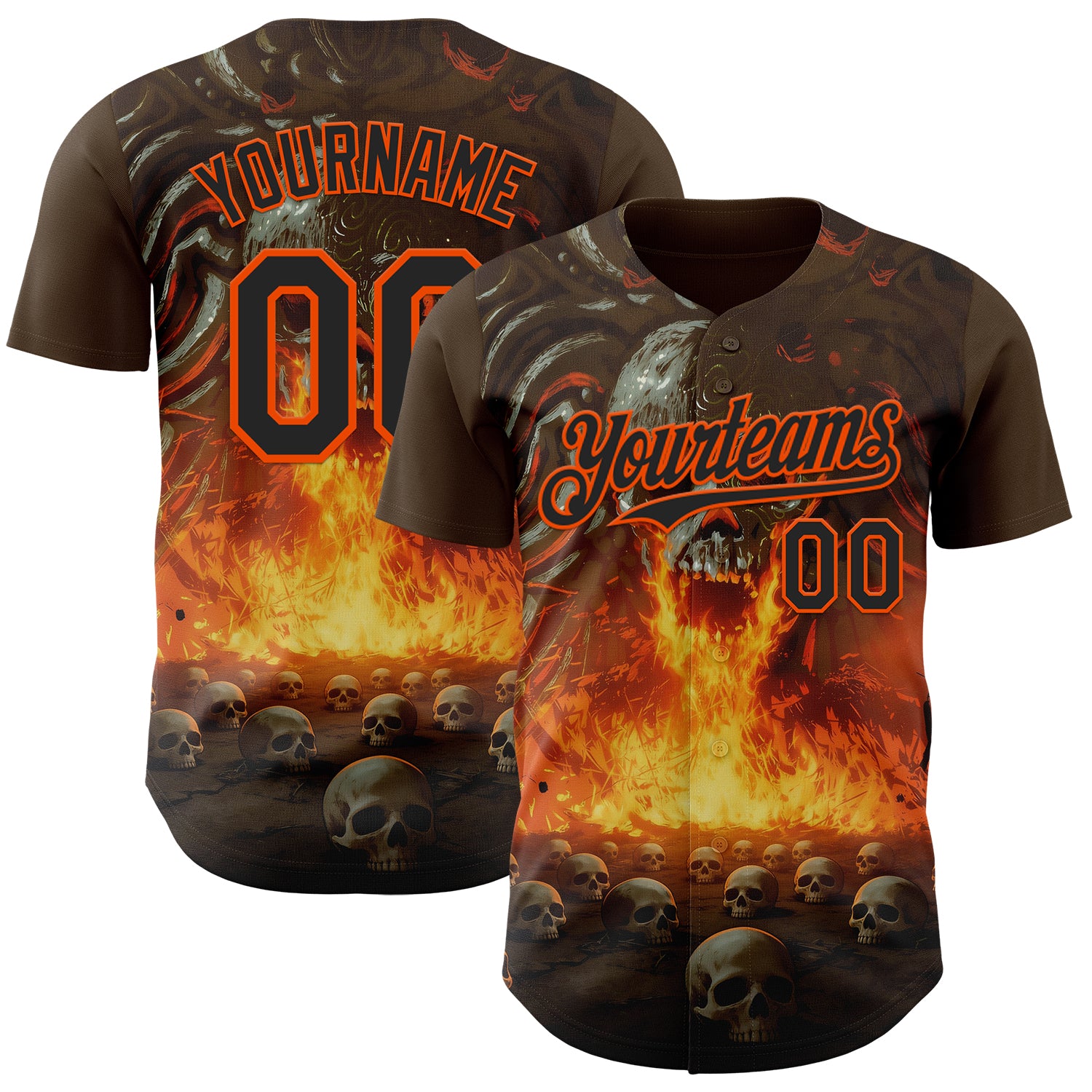 Custom Brown Black-Orange Flames Skull Authentic Baseball Jersey