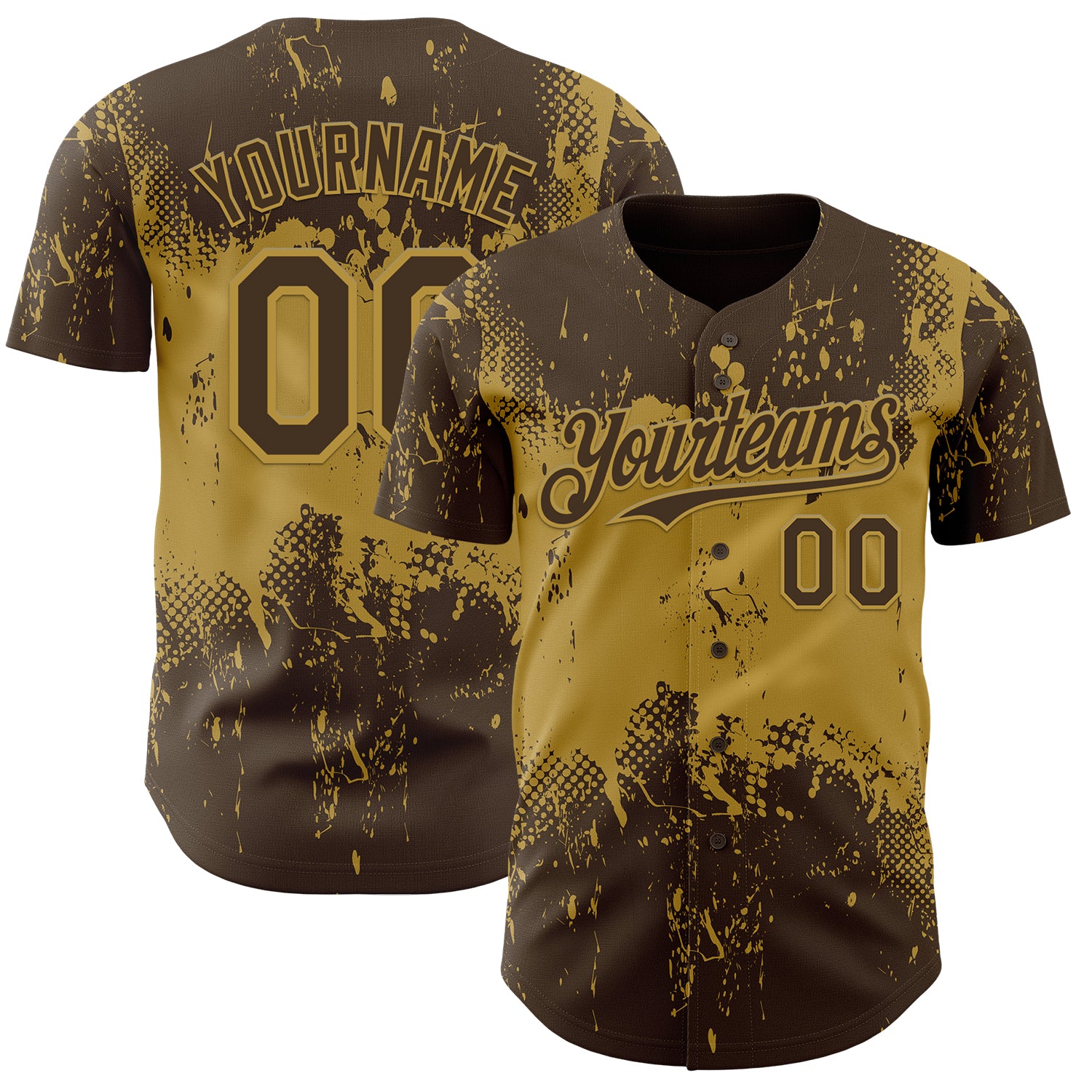 Custom Brown Old Gold 3D Pattern Design Abstract Splatter Grunge Paint Authentic Baseball Jersey