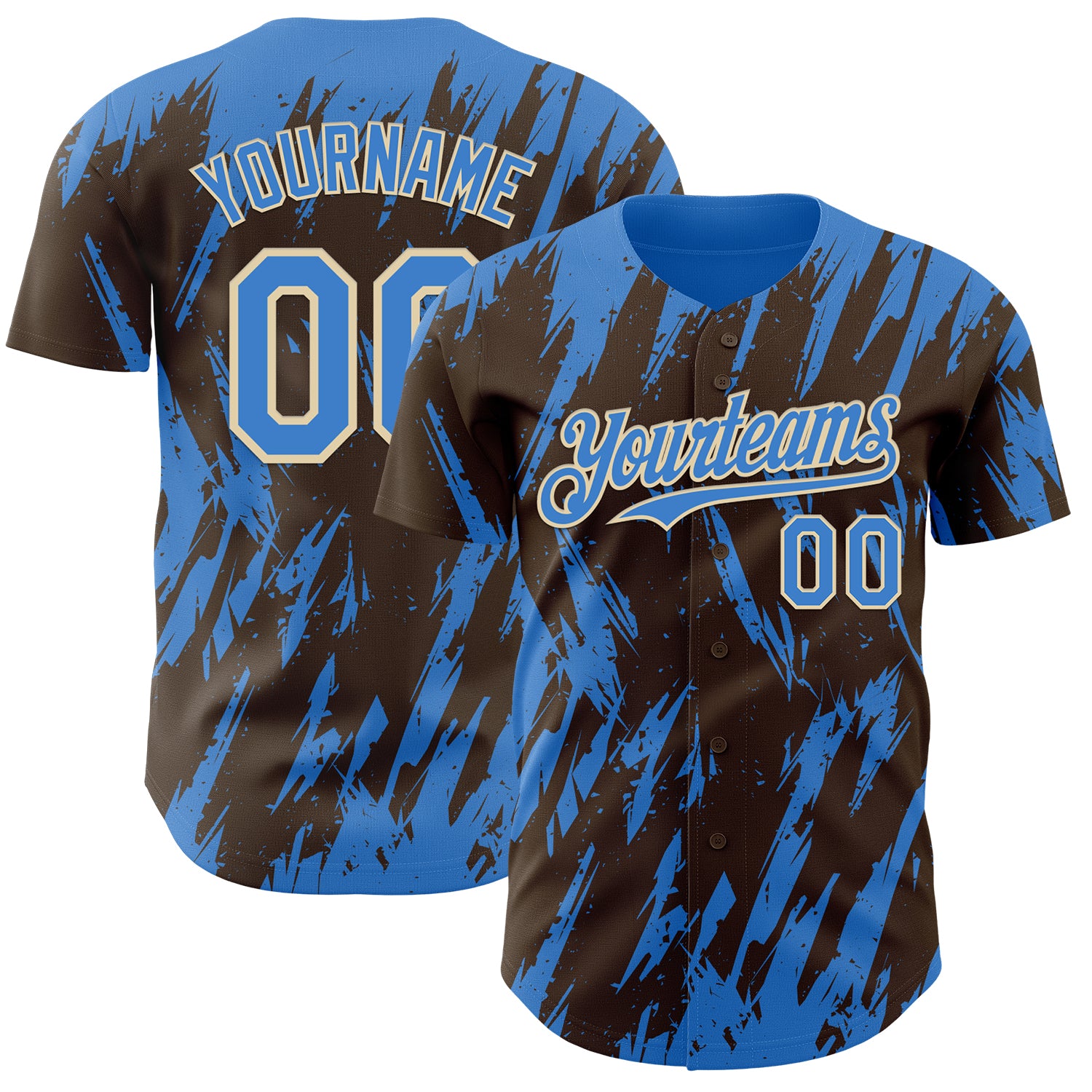 Custom Brown Powder Blue-Cream 3D Pattern Design Splatter Torn Sharp Brush Stroke Authentic Baseball Jersey
