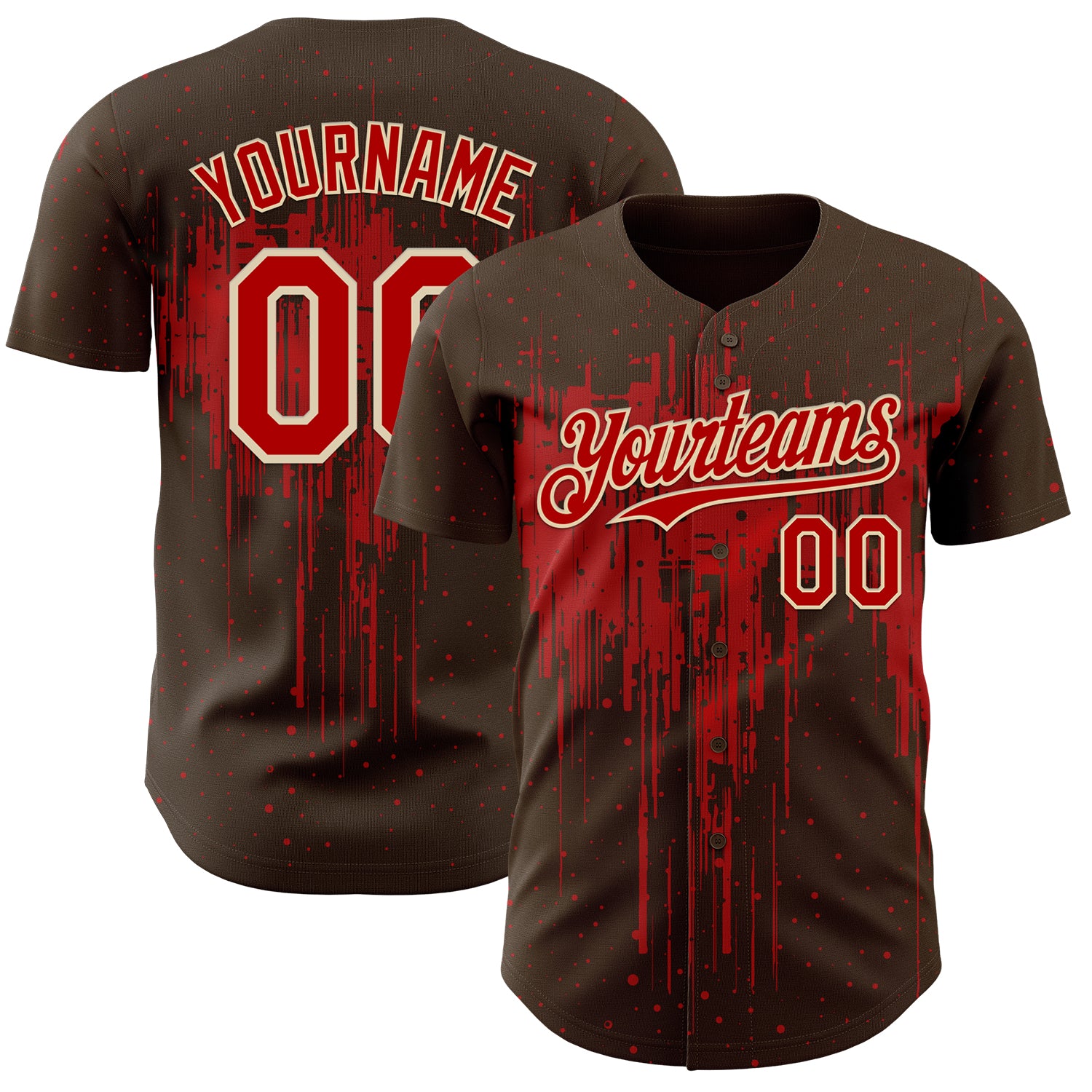 Custom Brown Red-Cream 3D Pattern Design Dripping Splatter Paint Authentic Baseball Jersey