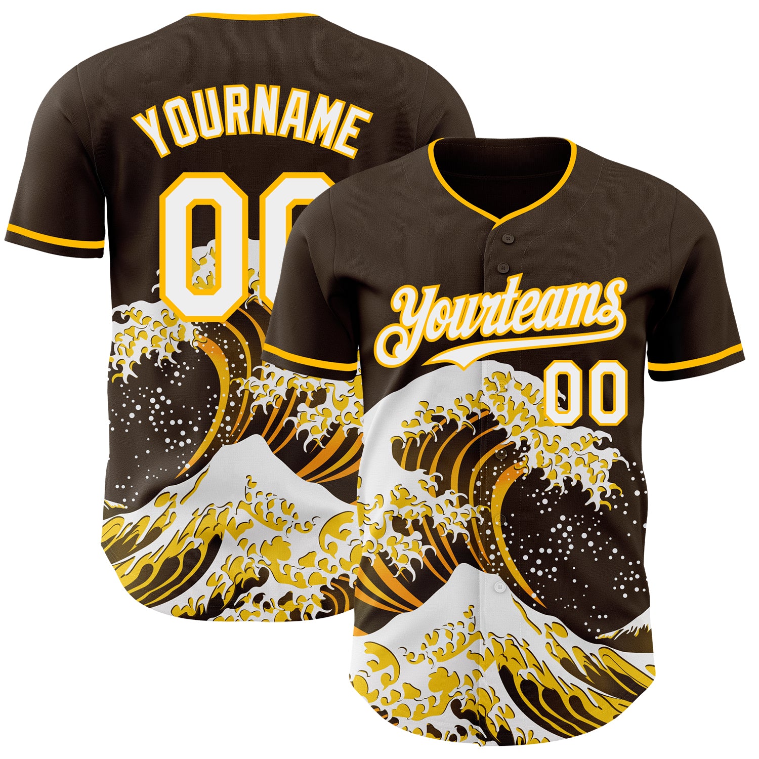 Custom Brown White-Gold Japanese Wave 3D Pattern Design Authentic Baseball Jersey