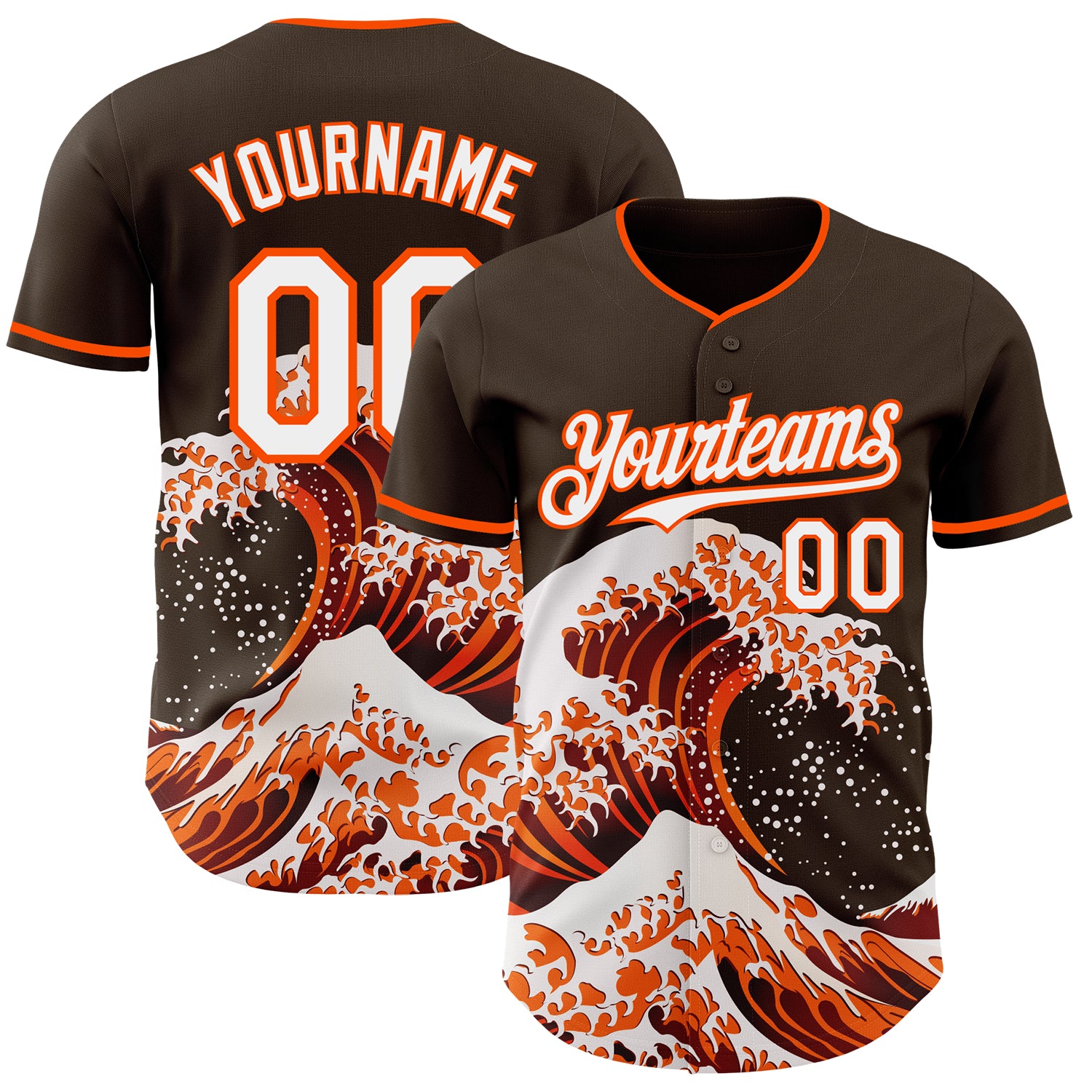 Custom Brown White-Orange Japanese Wave 3D Pattern Design Authentic Baseball Jersey