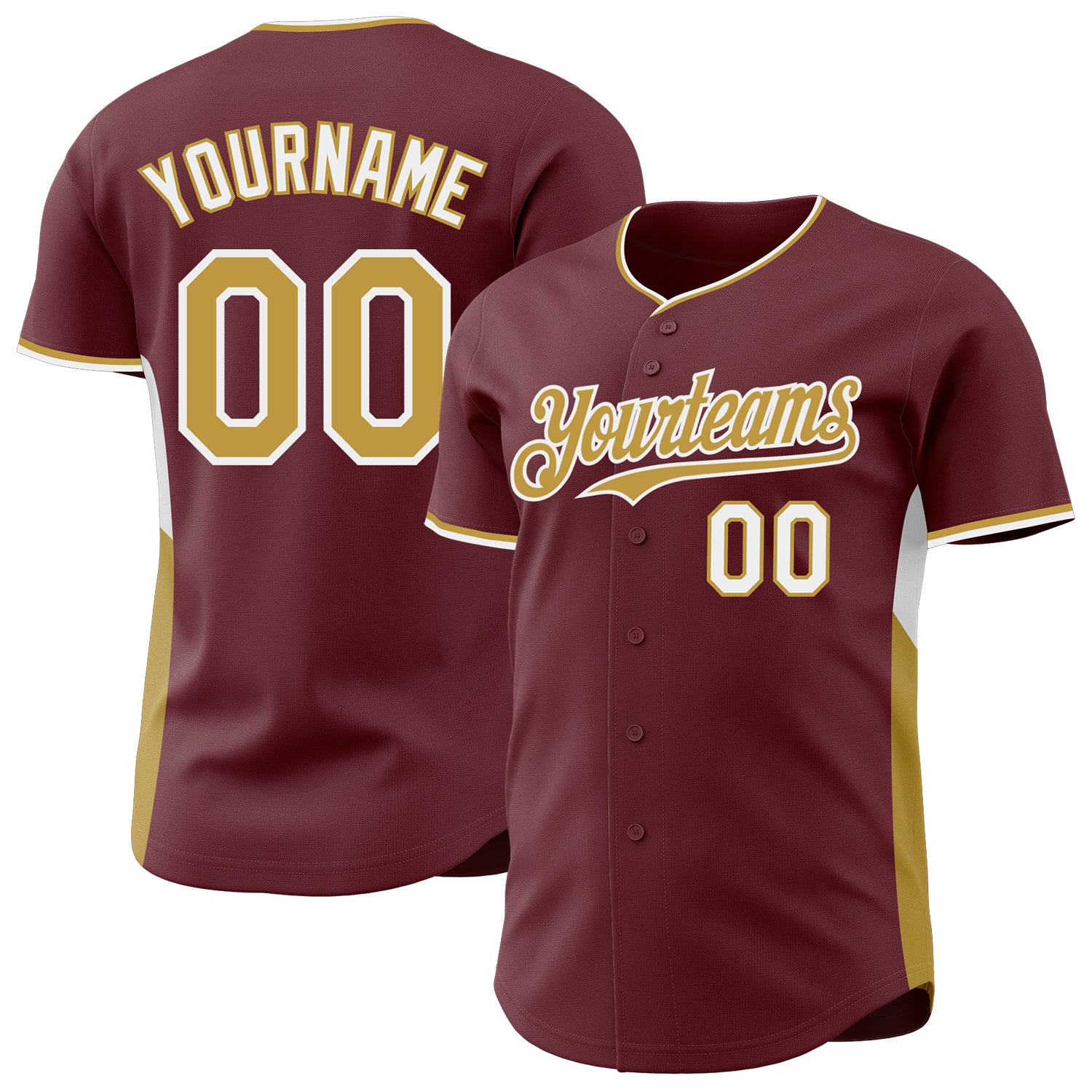Custom Burgundy Old Gold-White Classic Color Block Side Panel Stripe Authentic Baseball Jersey