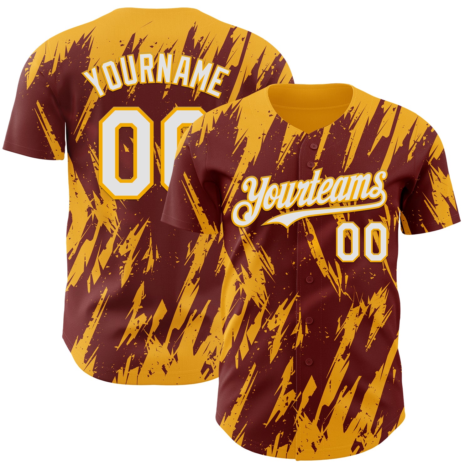 Custom Burgundy White-Gold 3D Pattern Design Splatter Torn Sharp Brush Stroke Authentic Baseball Jersey