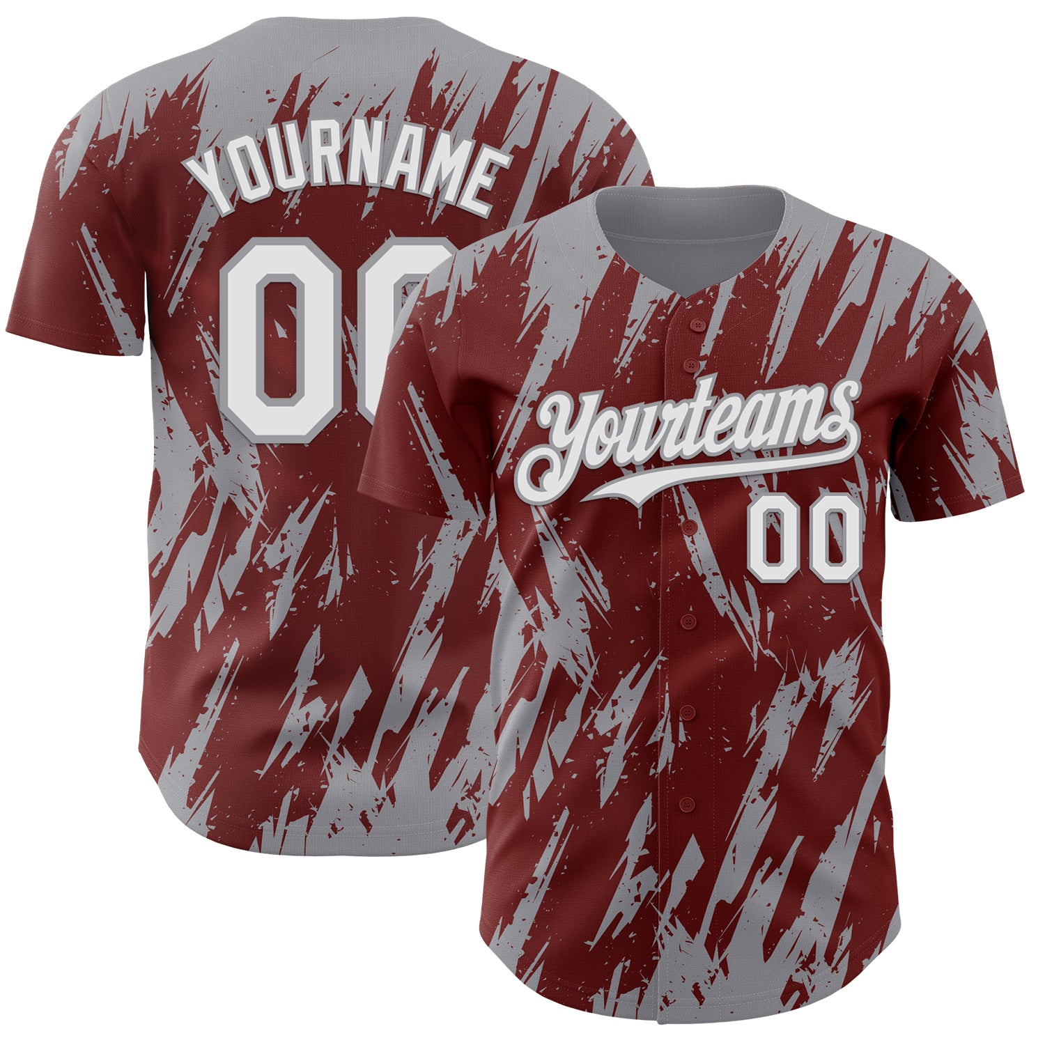 Custom Burgundy White-Gray 3D Pattern Design Splatter Torn Sharp Brush Stroke Authentic Baseball Jersey