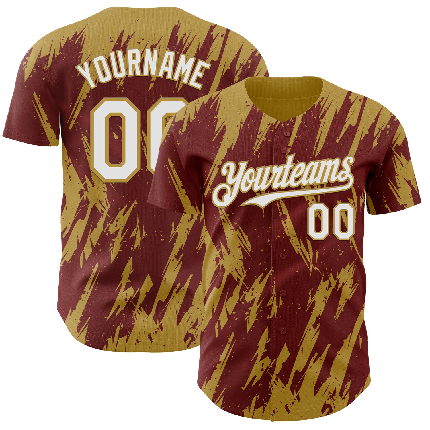 Custom Burgundy White-Old Gold 3D Pattern Design Splatter Torn Sharp Brush Stroke Authentic Baseball Jersey