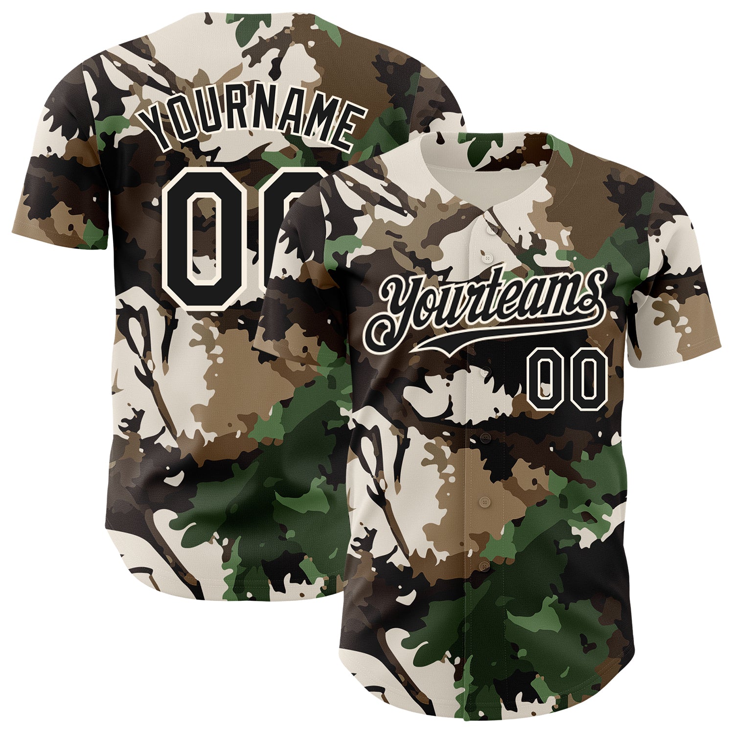 Custom Camo Black-Cream Woodland Forest Tactical Camouflage Outdoor Leaf Authentic Baseball Jersey