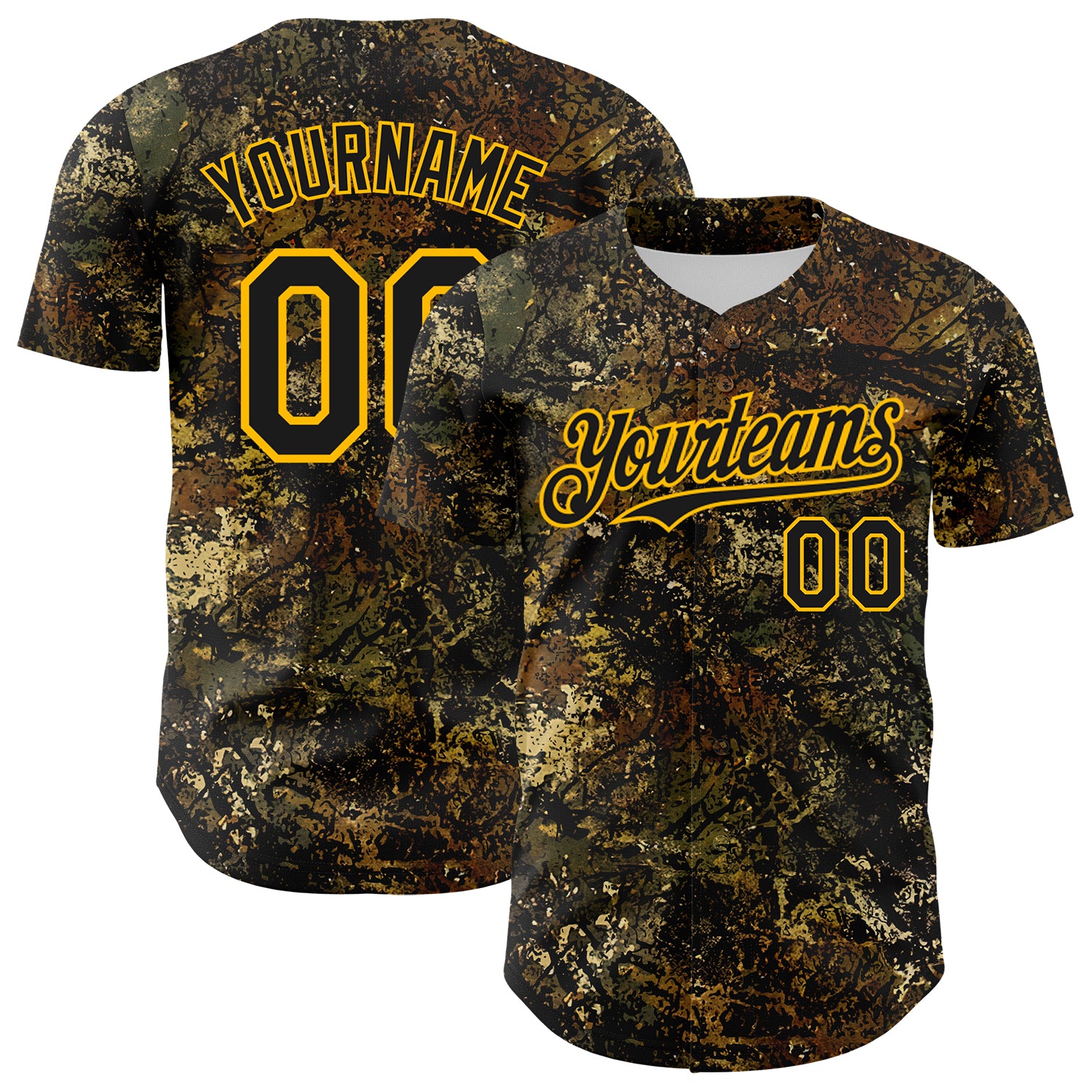 Custom Camo Black-Gold Woodland Forest Tactical Camouflage Outdoor Leaf Authentic Baseball Jersey