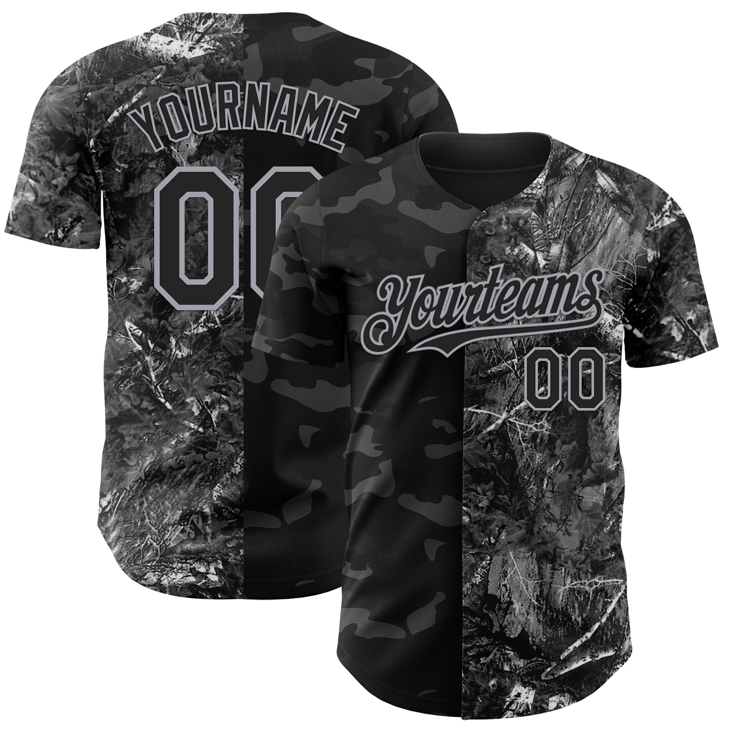 Custom Camo Black-Gray Woodland Forest Split Dark Camouflage Authentic Salute To Service Baseball Jersey
