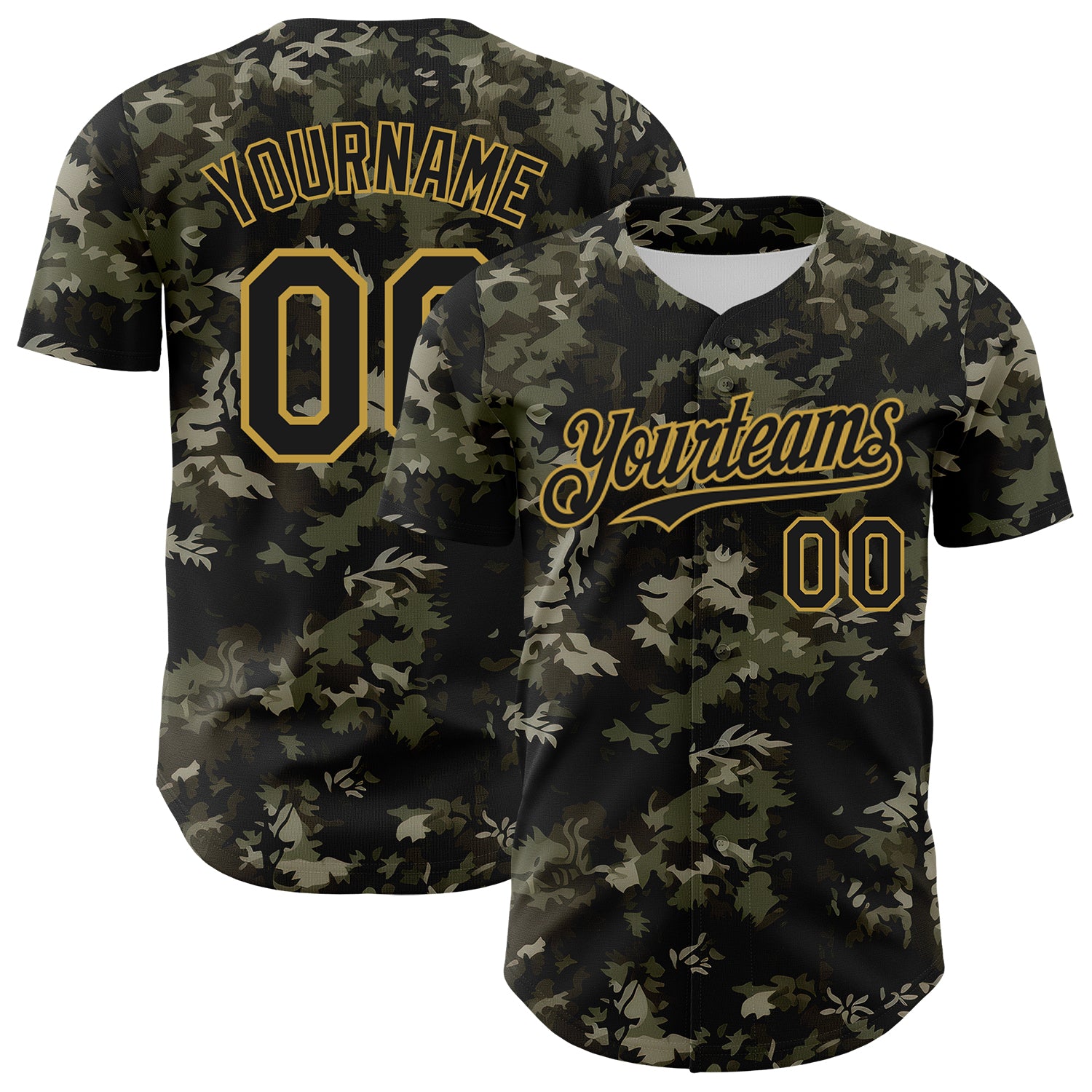 Custom Camo Black-Old Gold Woodland Forest Tactical Camouflage Outdoor Leaf Authentic Baseball Jersey