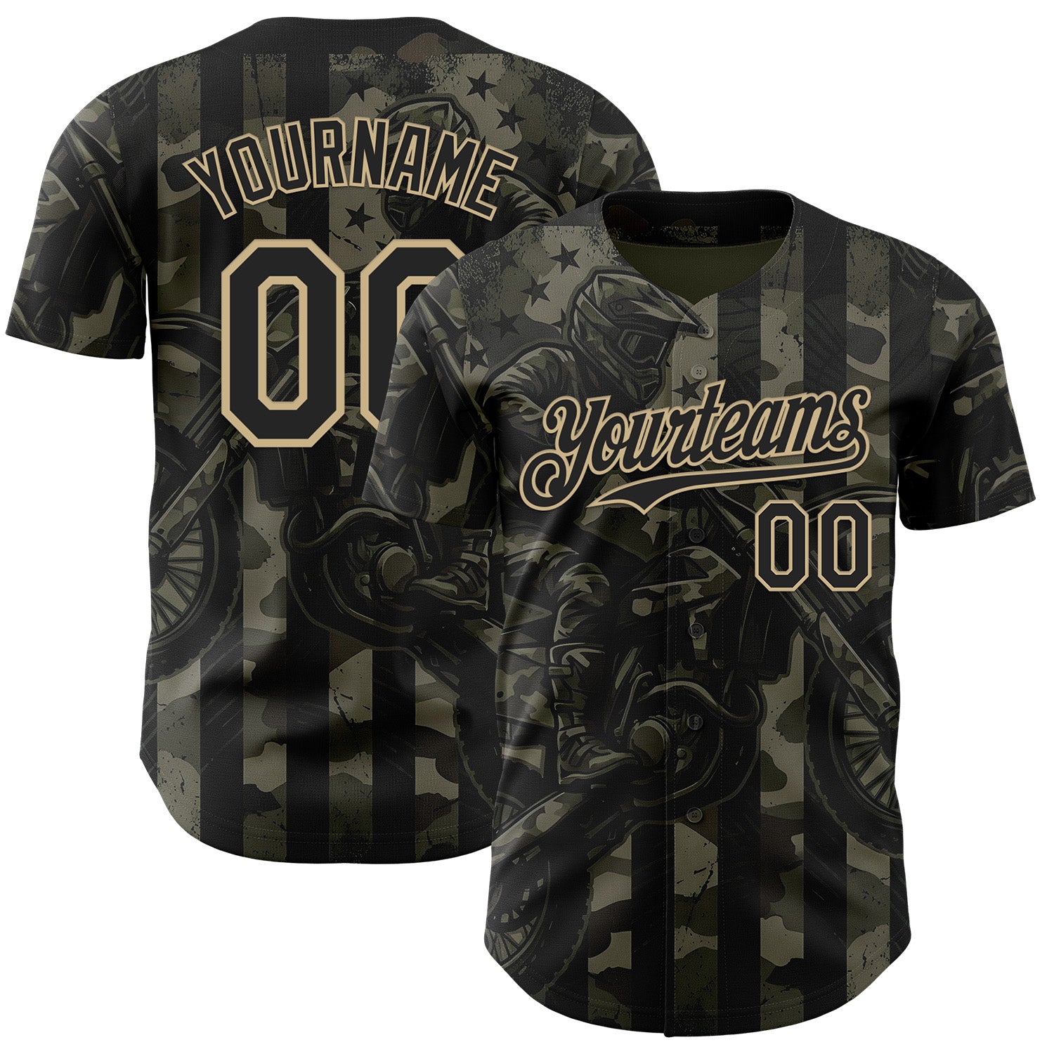 Custom Camo Black-Vegas Gold 3D Pattern Design Motorcycle Motocross Authentic Baseball Jersey