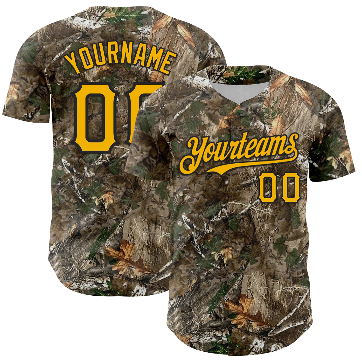 Custom Camo Gold-Black Woodland Forest Camouflage Authentic Salute To Service Baseball Jersey