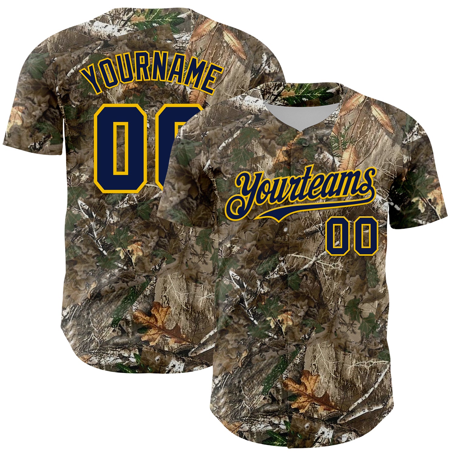 Custom Camo Navy-Yellow Woodland Forest Camouflage Authentic Salute To Service Baseball Jersey
