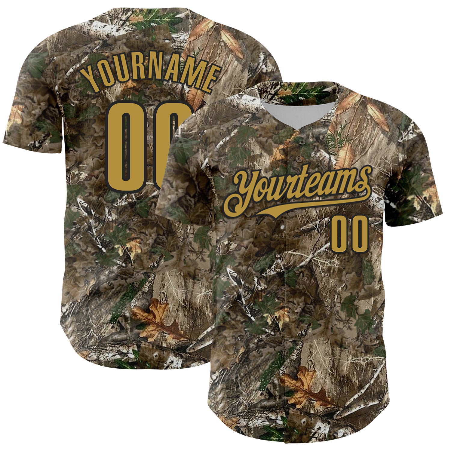 Custom Camo Old Gold-Black Woodland Forest Camouflage Authentic Salute To Service Baseball Jersey