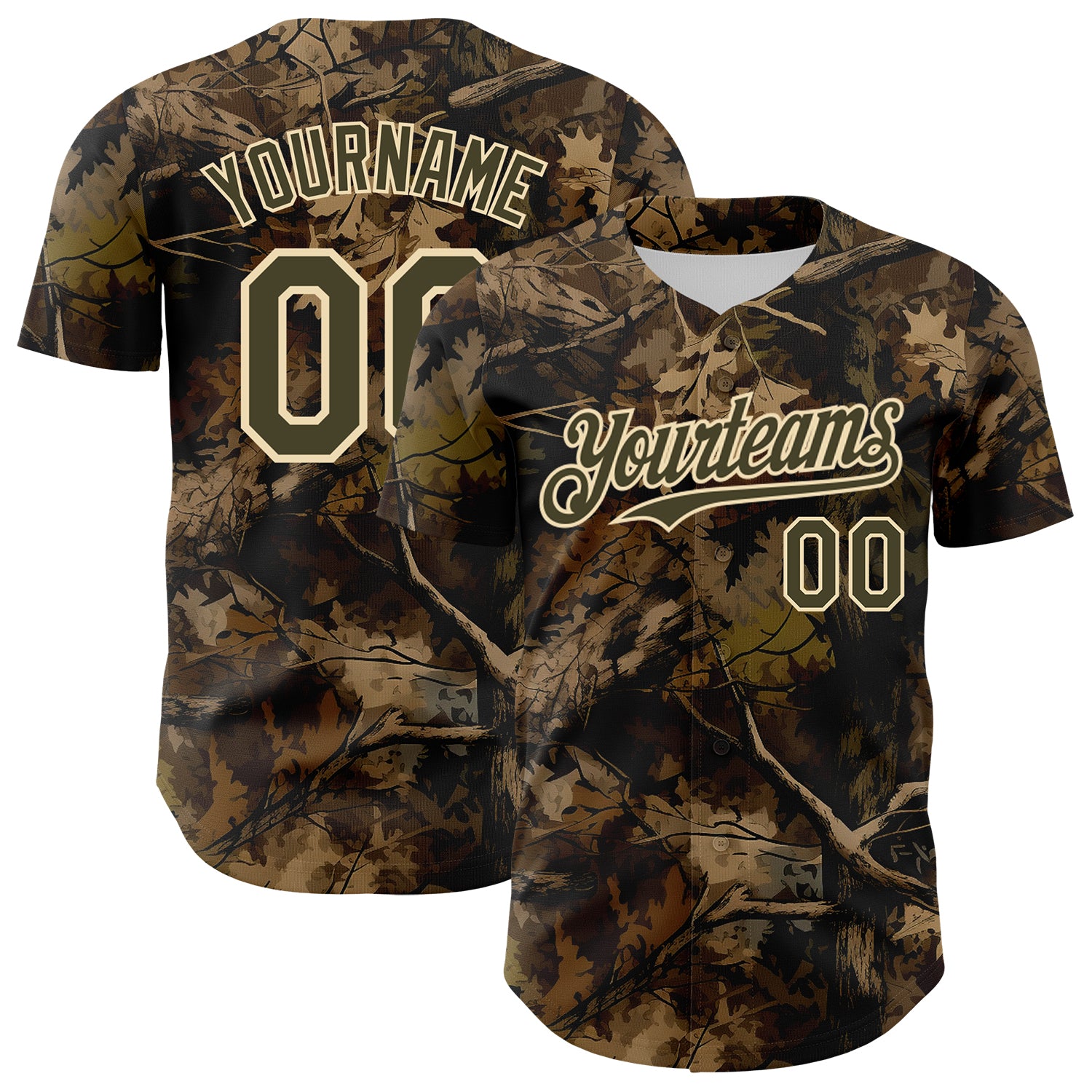 Custom Camo Olive-Cream Woodland Forest Tactical Camouflage Outdoor Leaf Authentic Baseball Jersey