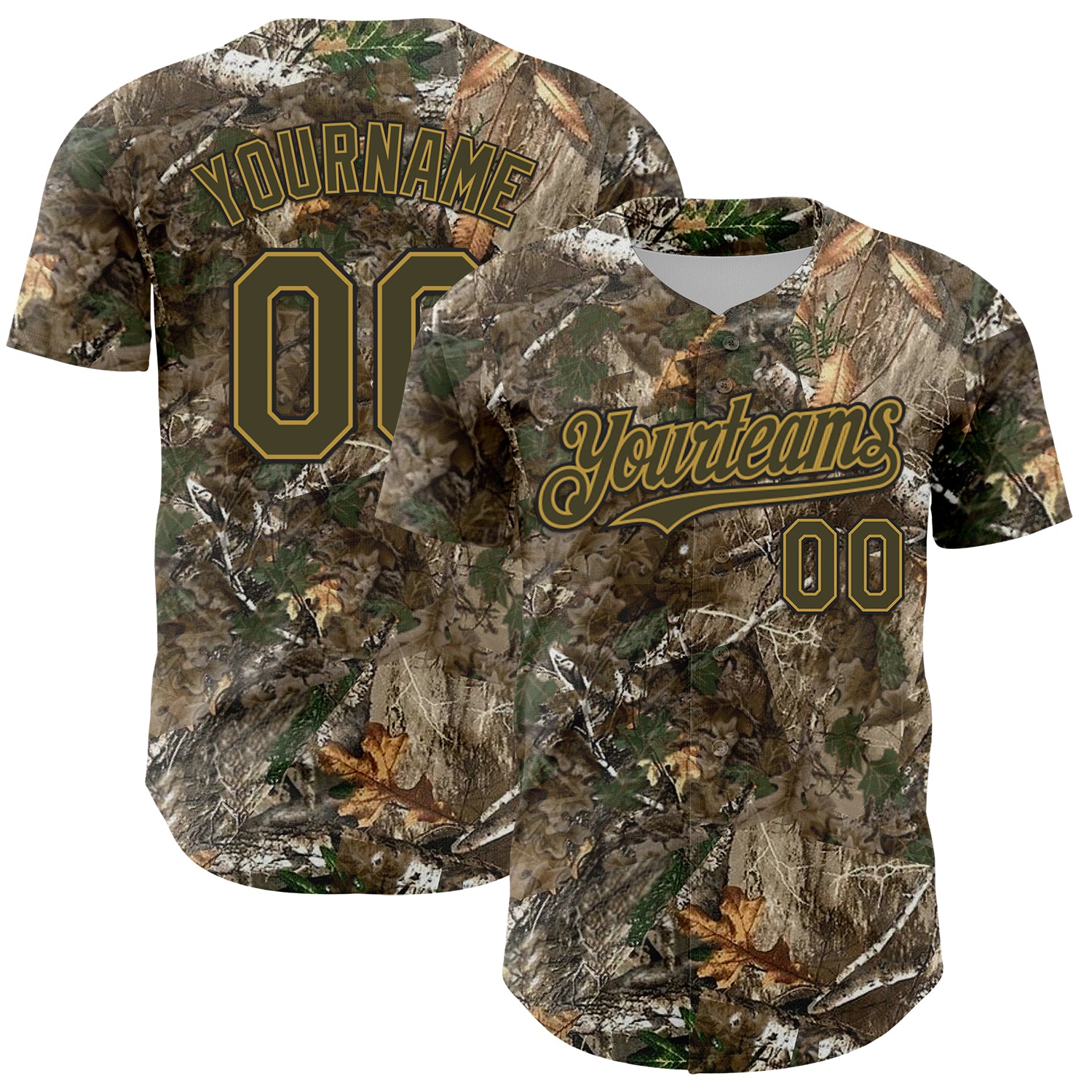Custom Camo Olive Old Gold-Black Woodland Forest Camouflage Authentic Salute To Service Baseball Jersey