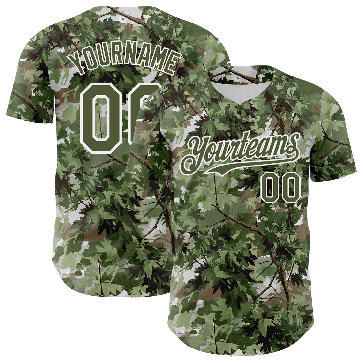 Custom Camo Olive-White Woodland Forest Tactical Camouflage Outdoor Leaf Authentic Baseball Jersey