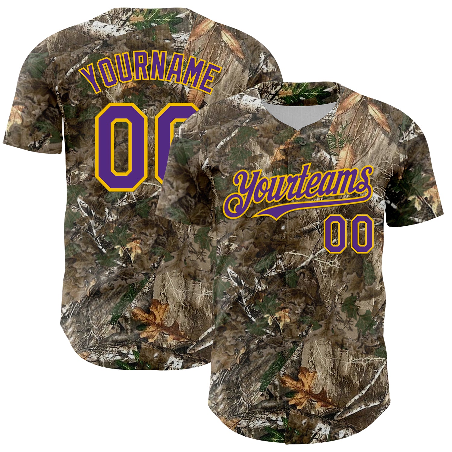 Custom Camo Purple-Yellow Woodland Forest Camouflage Authentic Salute To Service Baseball Jersey
