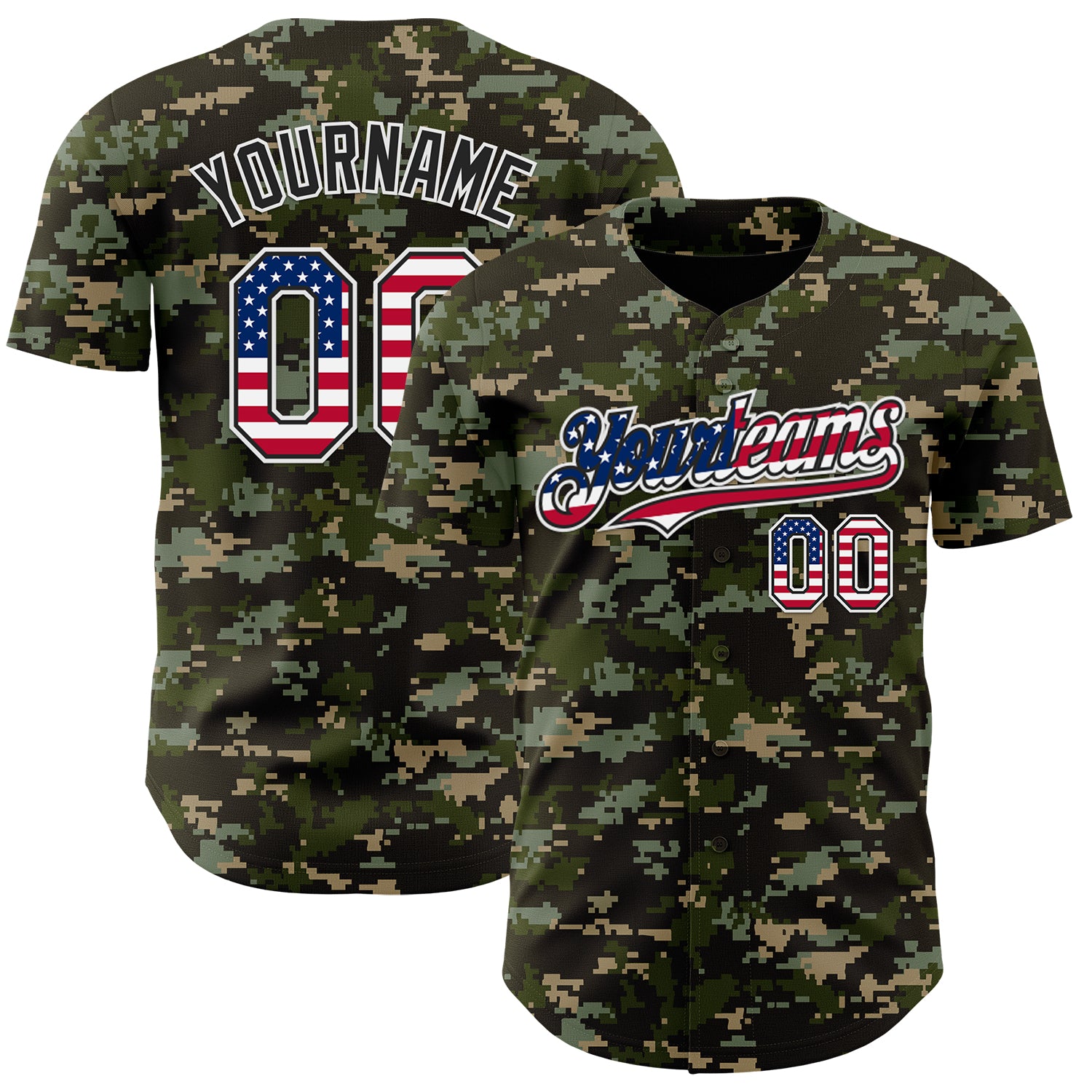 Custom Camo USA Flag Black-White Digital Camouflage Authentic Baseball Jersey