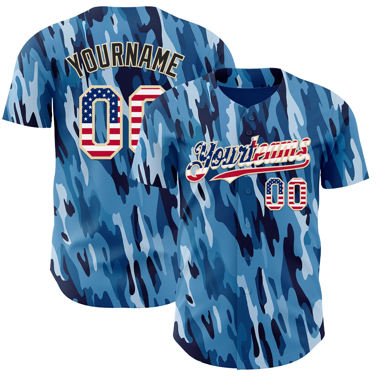 Custom Camo USA Flag City Cream-Black Blue Ocean Camouflage Authentic Baseball Jersey
