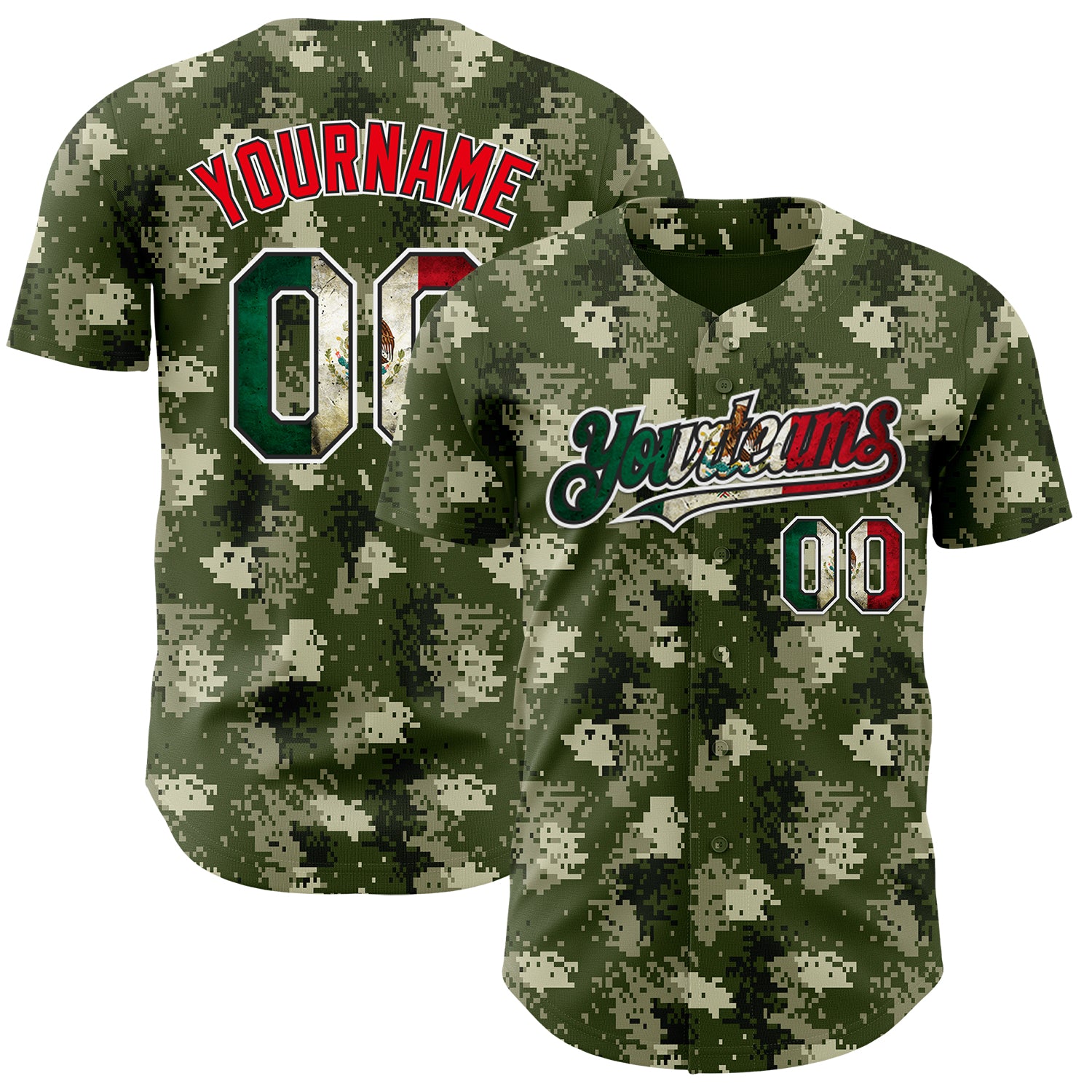 Custom Camo Vintage Mexican Flag Black White-Fire Red Digital Camouflage Authentic Baseball Jersey