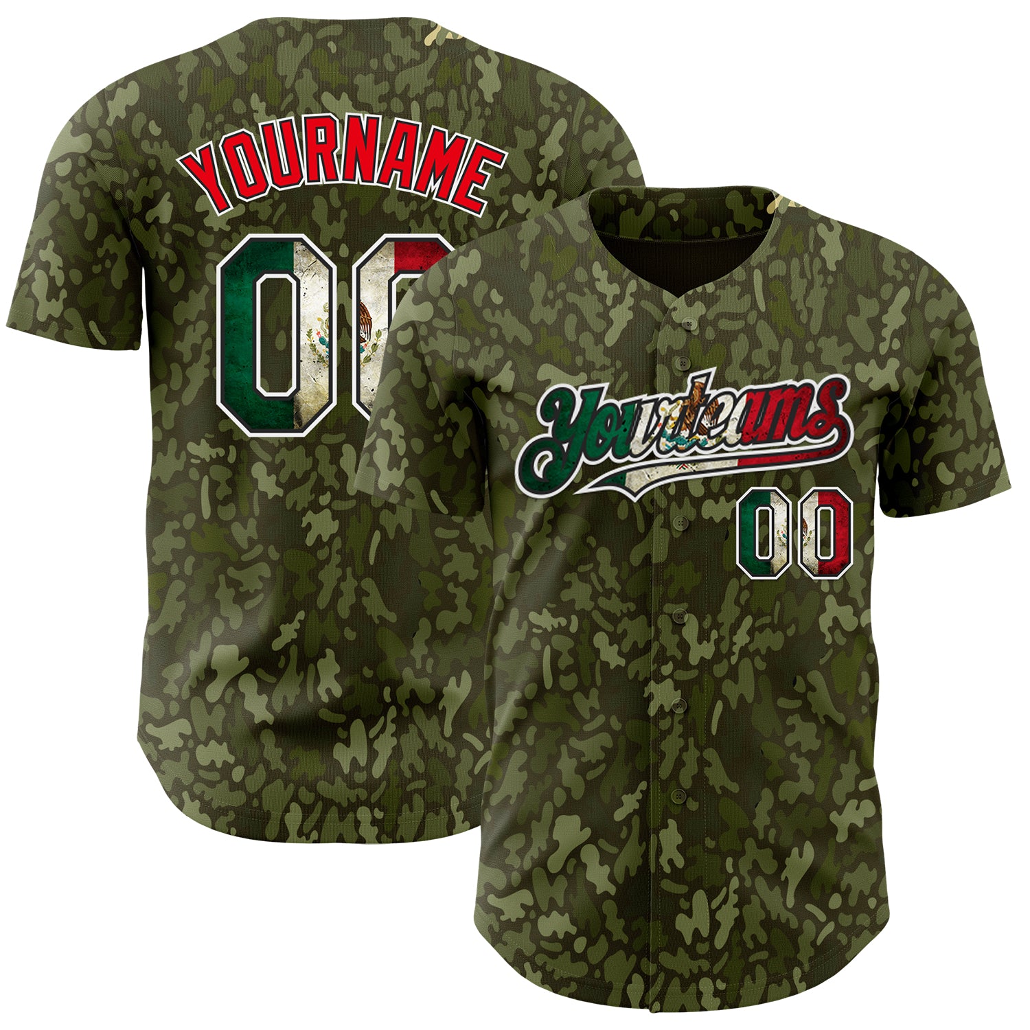 Custom Camo Vintage Mexican Flag Black White-Fire Red Woodland Camouflage Outdoor Authentic Baseball Jersey