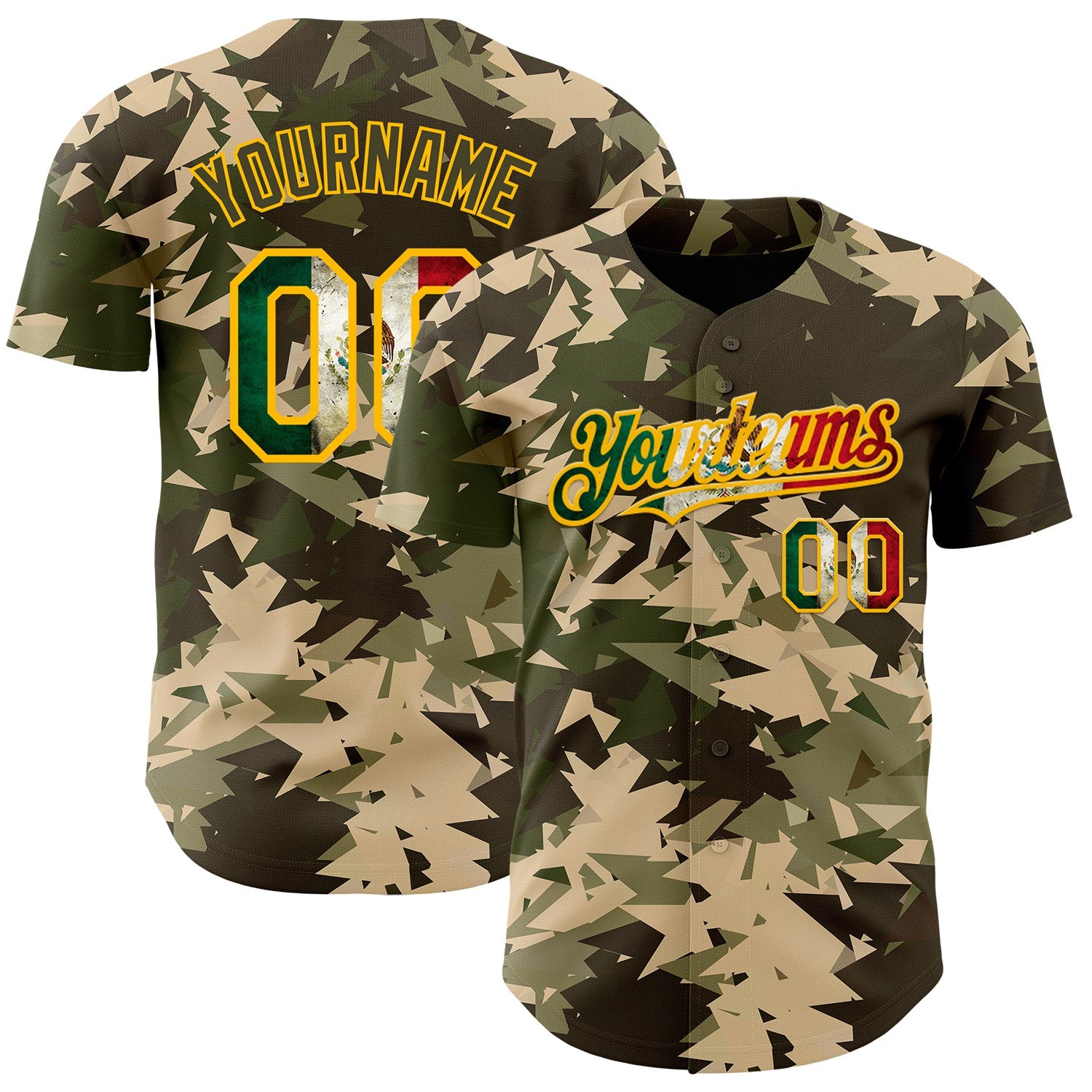 Custom Camo Vintage Mexican Flag Cream Gold-Olive Woodland Geometric Camouflage Authentic Baseball Jersey