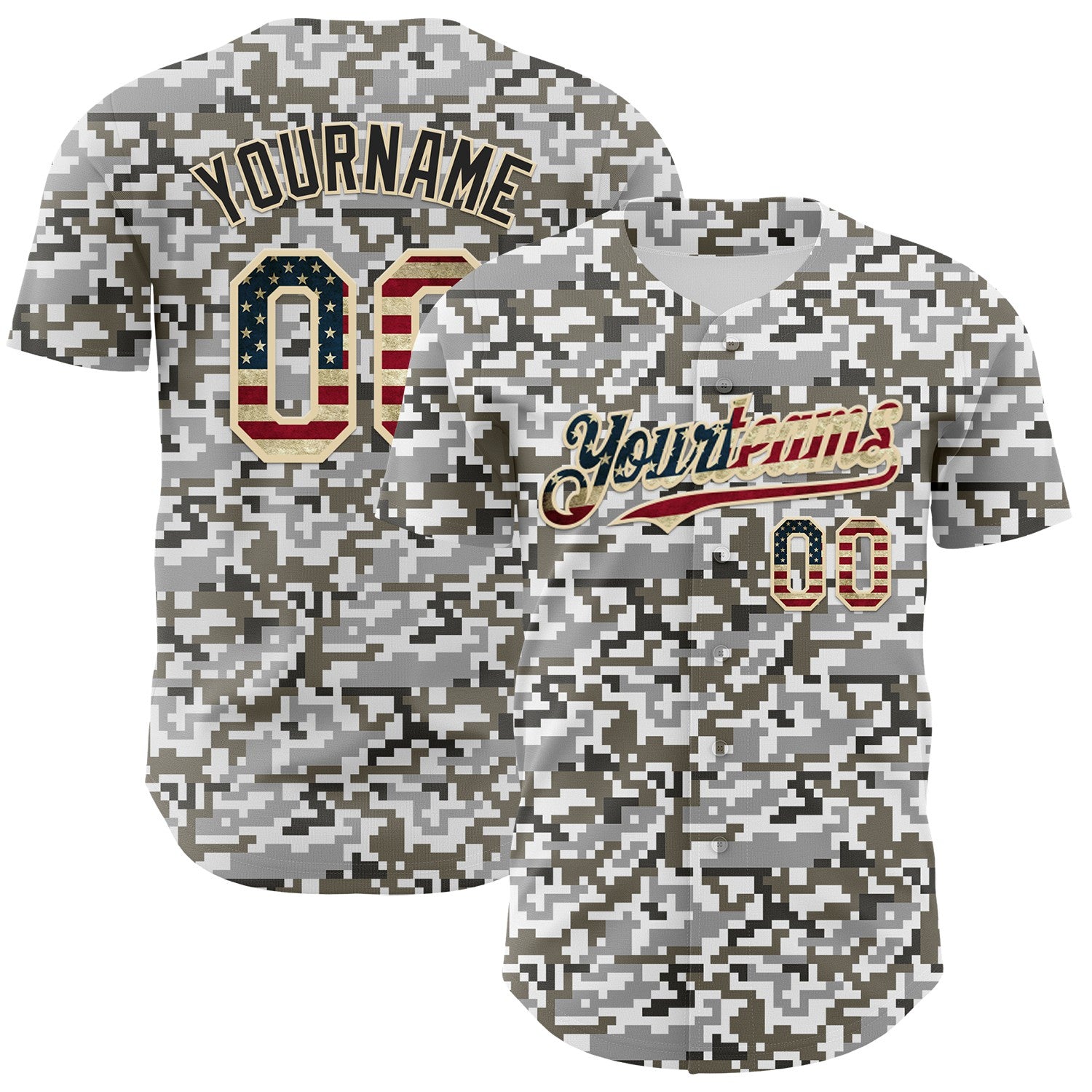 Custom Camo Vintage USA Flag Cream-Black Digital Camouflage Authentic Baseball Jersey