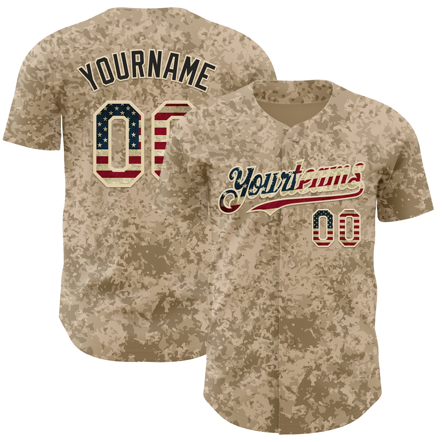 Custom Camo Vintage USA Flag Cream-Black Geometric Camouflage Authentic Baseball Jersey