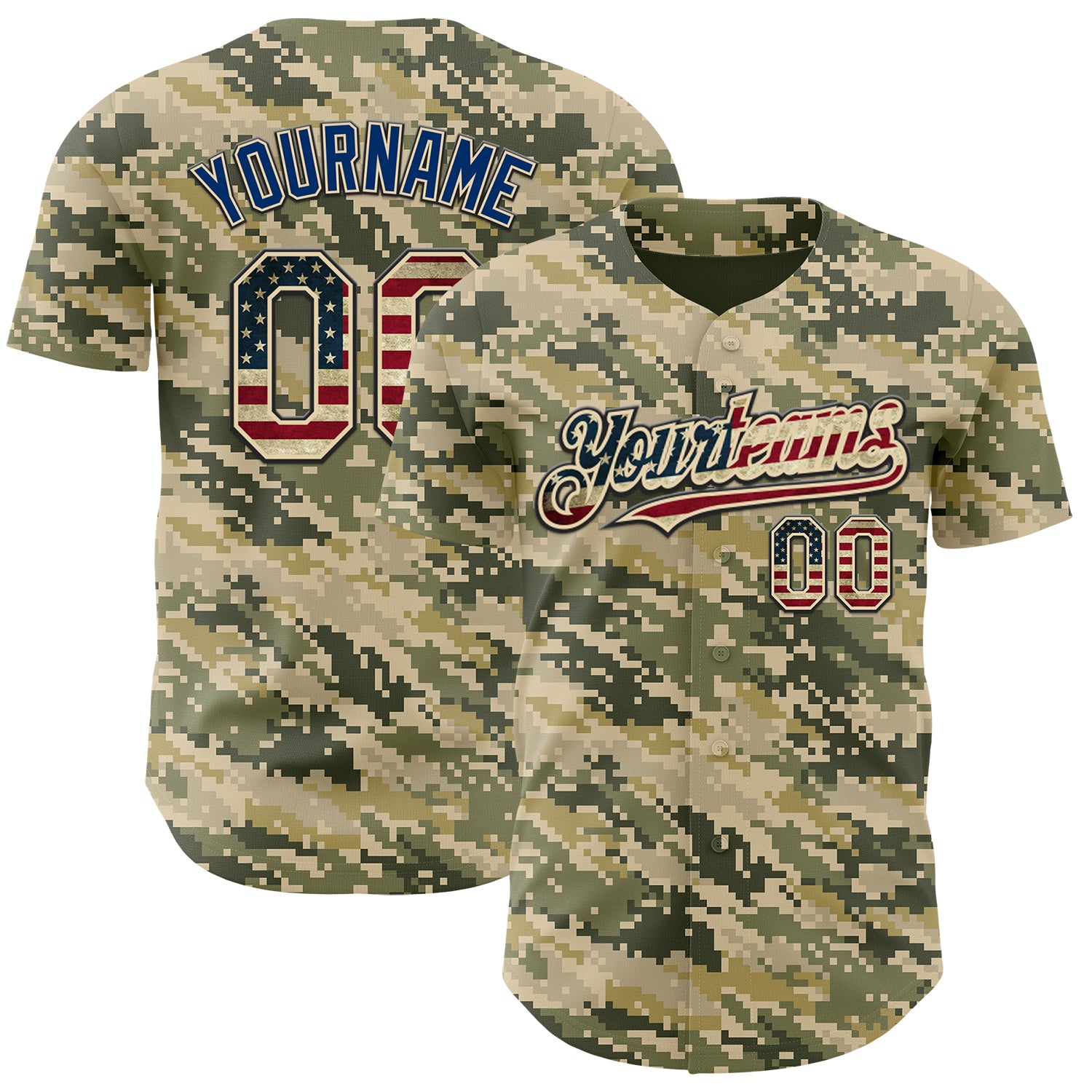 Custom Camo Vintage USA Flag Cream Black-US Navy Blue Digital Camouflage Authentic Baseball Jersey