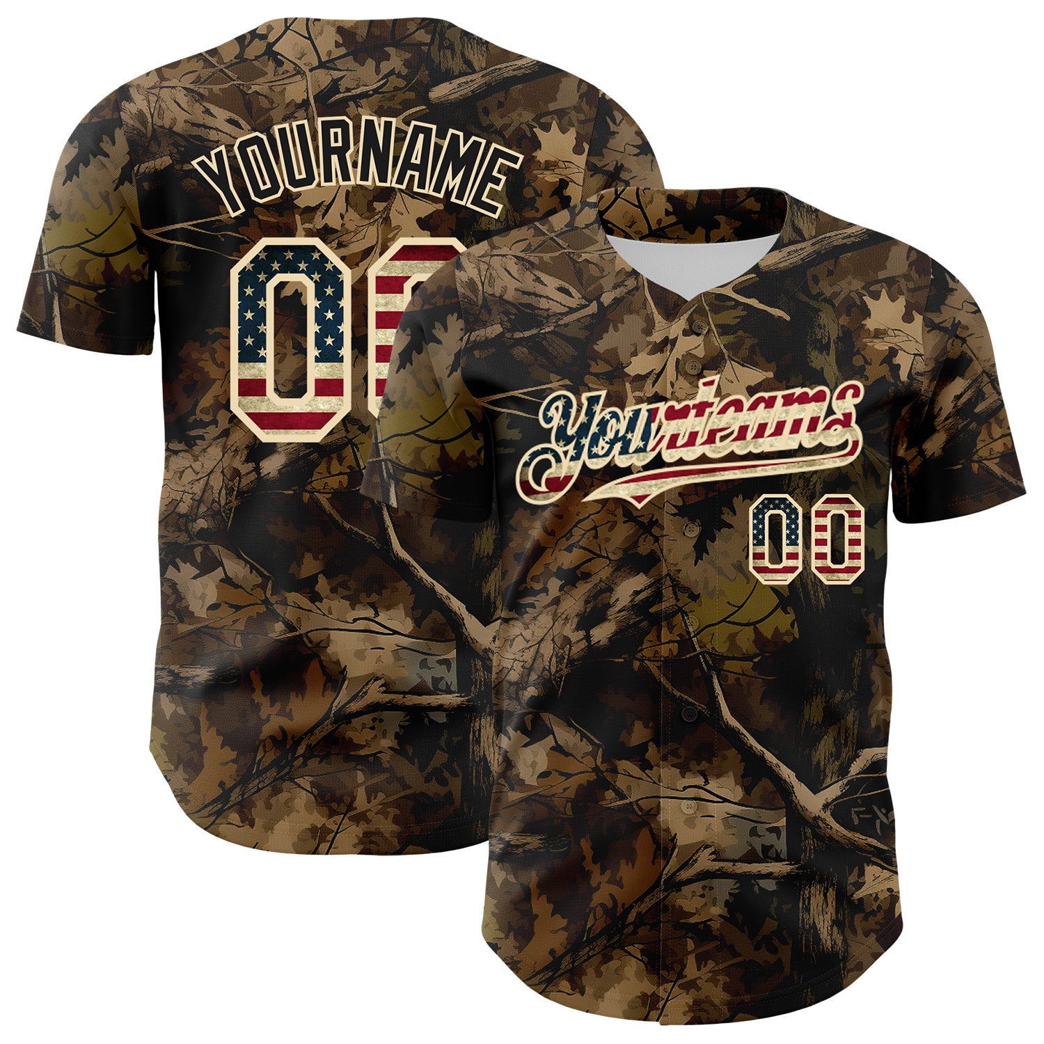 Custom Camo Vintage USA Flag Cream-Black Woodland Forest Tactical Camouflage Outdoor Leaf Authentic Baseball Jersey