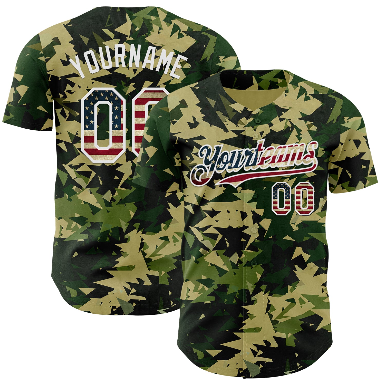 Custom Camo Vintage USA Flag Cream-White Woodland Geometric Camouflage Authentic Baseball Jersey