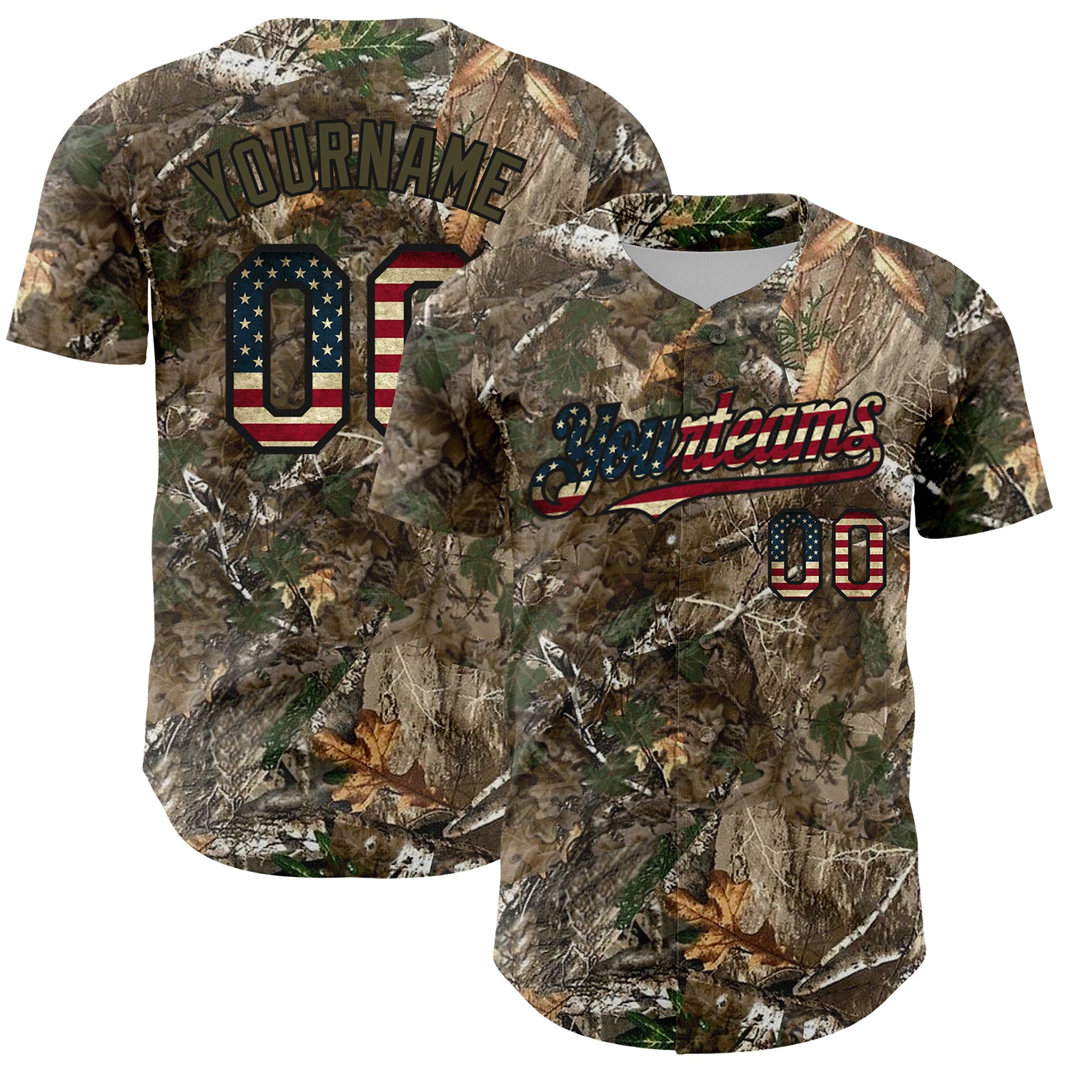 Custom Camo Vintage USA Flag Olive-Black Woodland Forest Camouflage Authentic Salute To Service Baseball Jersey