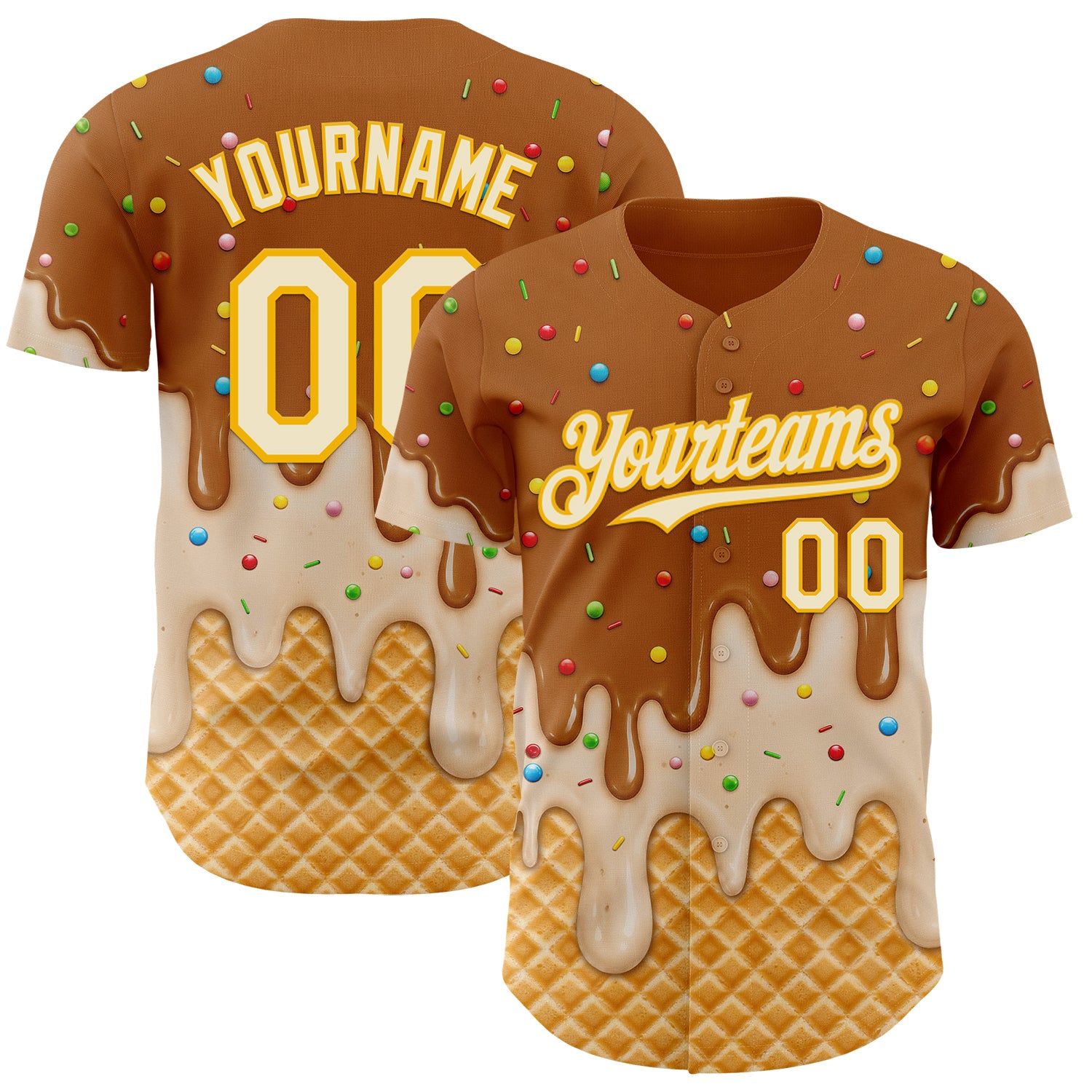 Custom Chocolate Brown Cream-Gold Ice Cream Waffle Foodie Dessert Authentic Baseball Jersey