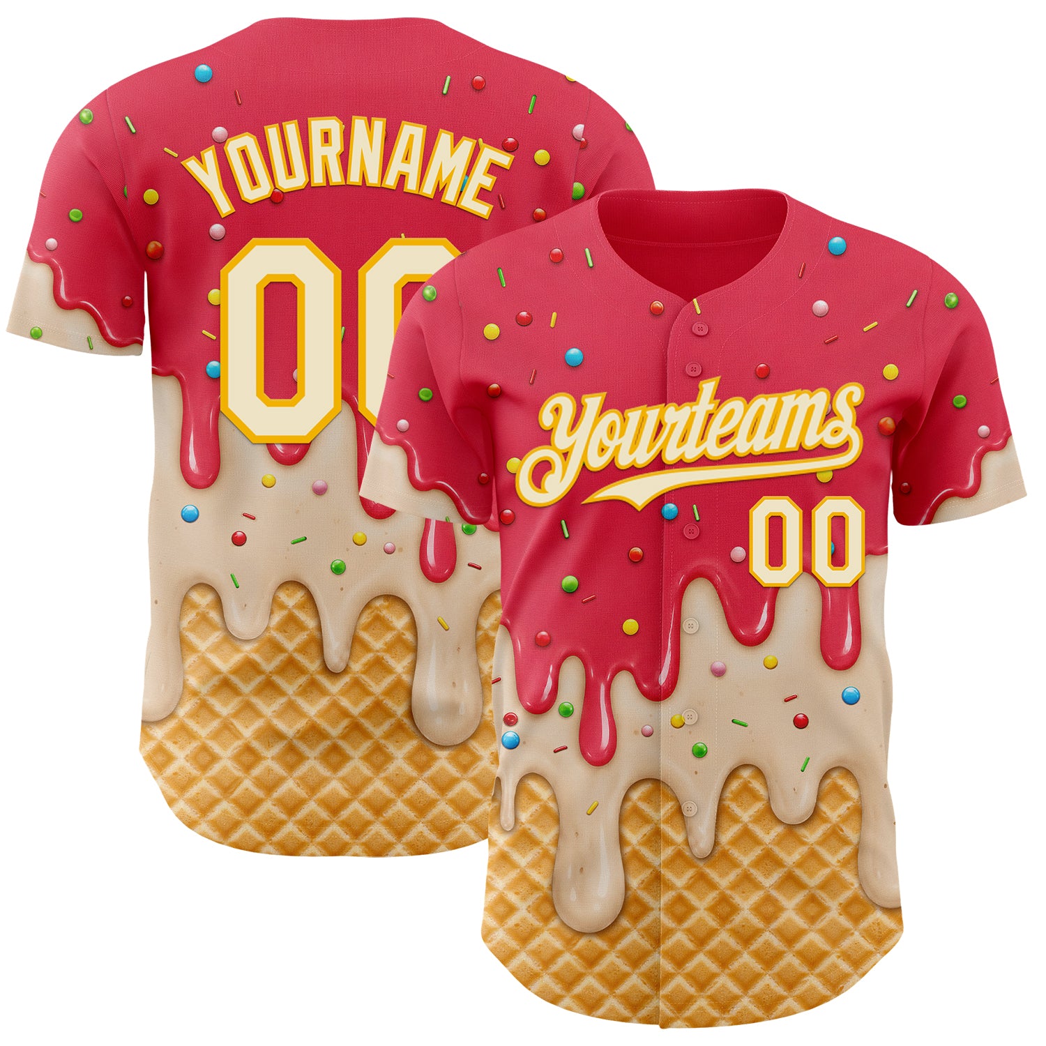 Custom Coral Red Cream-Gold Ice Cream Waffle Foodie Dessert Authentic Baseball Jersey