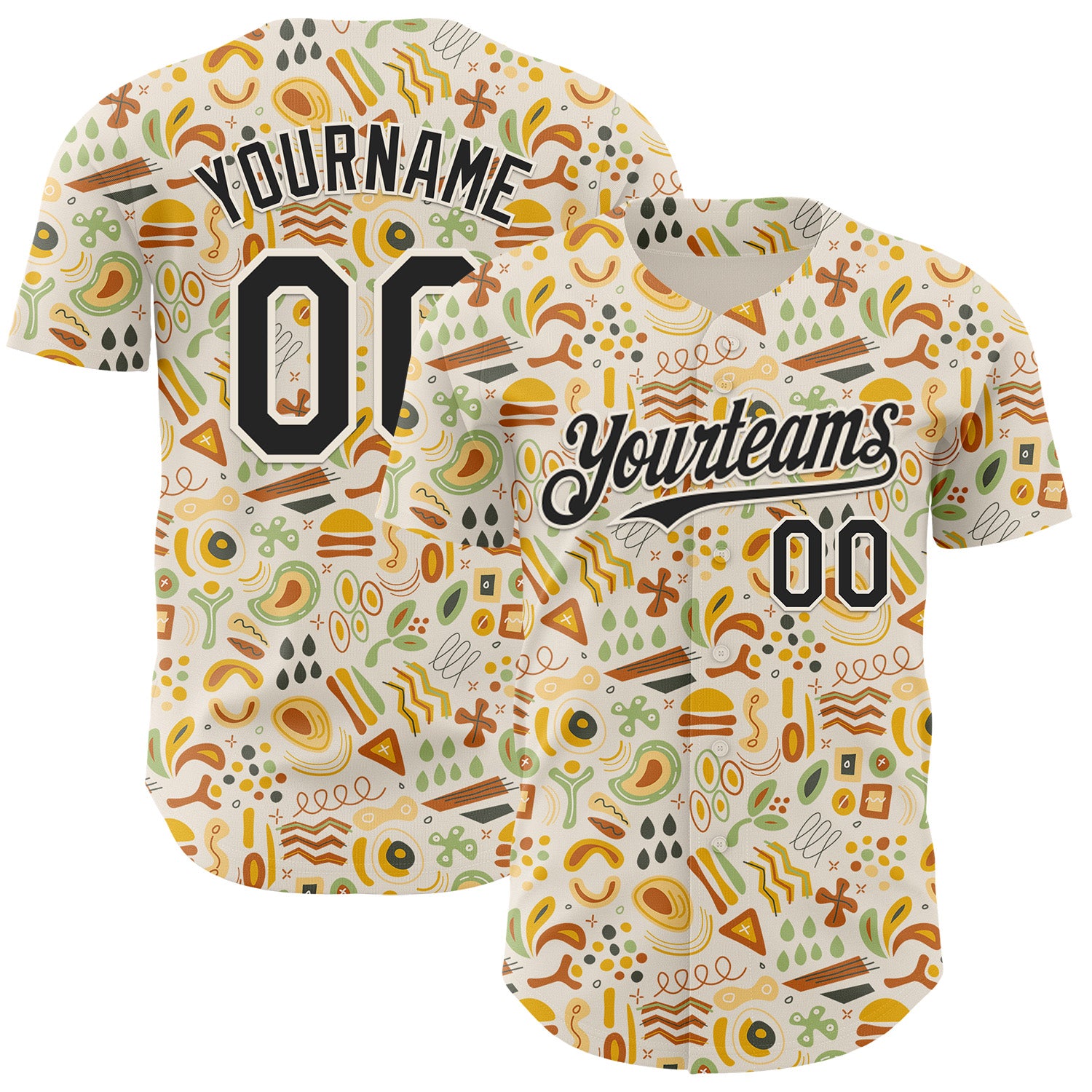 Custom Cream Black 3D Pattern Design Foodie Abstract Doodles Authentic Baseball Jersey