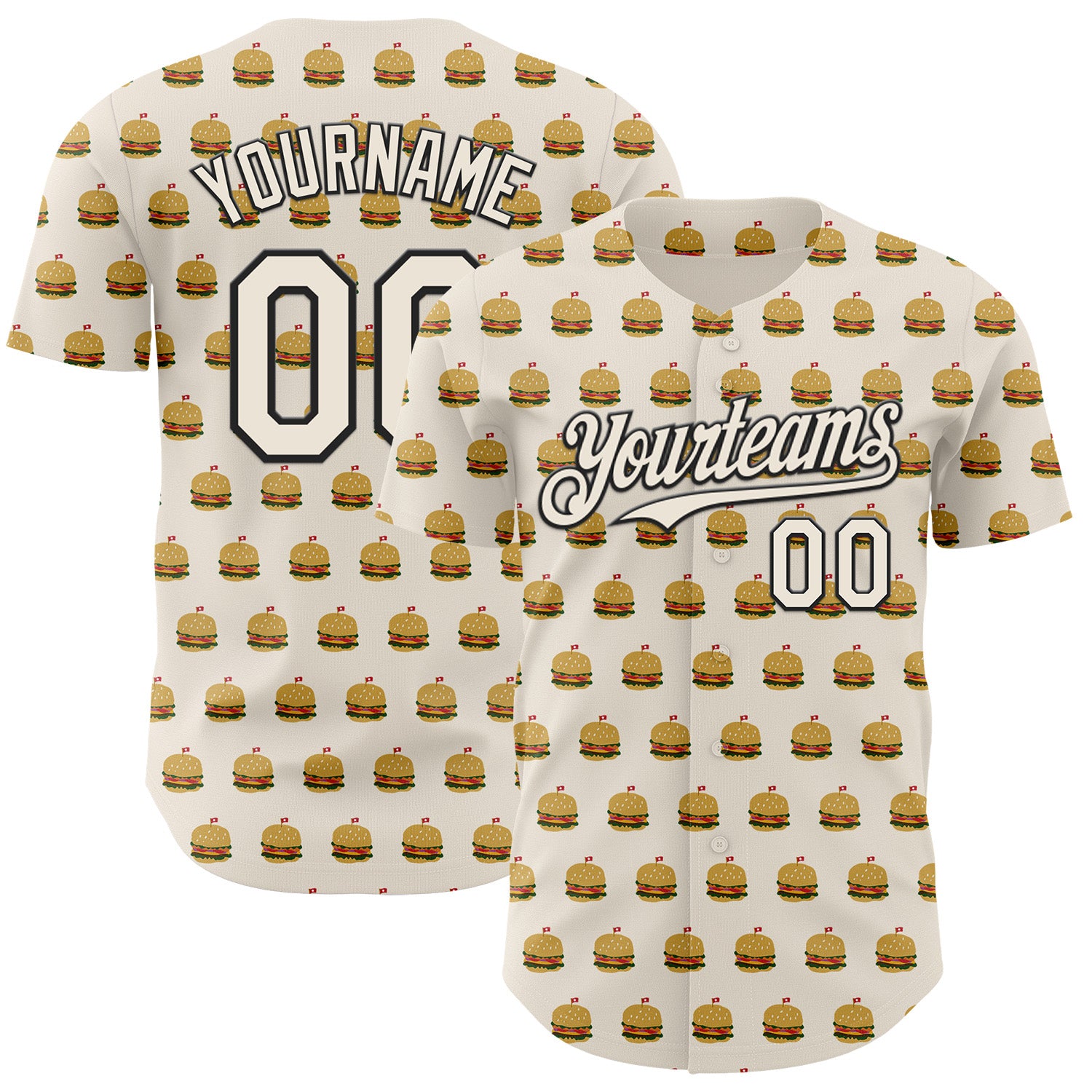 Custom Cream Black 3D Pattern Design Foodie Fast Food Hamburgers Authentic Baseball Jersey