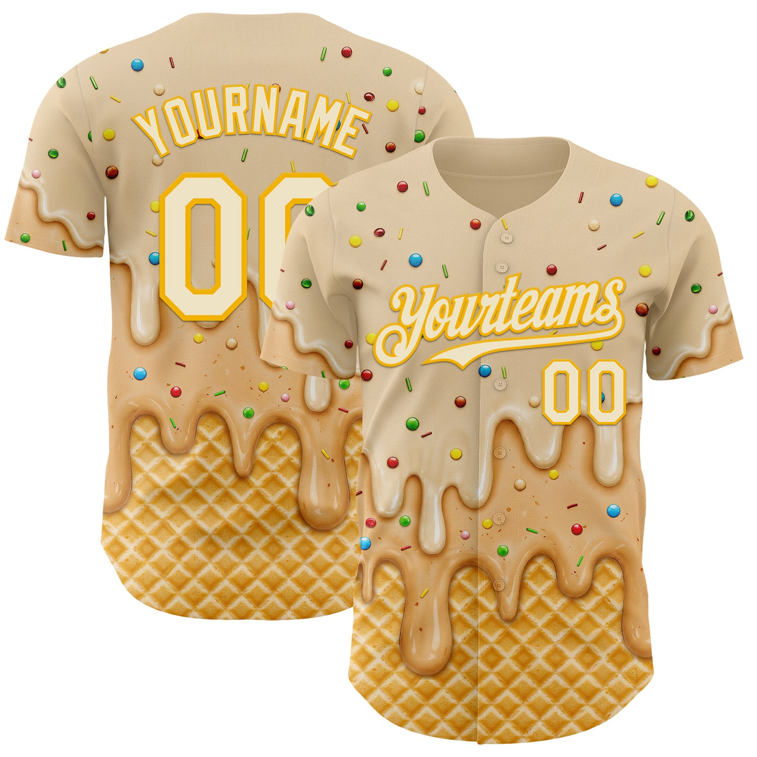Custom Cream-Gold Ice Cream Waffle Foodie Dessert Authentic Baseball Jersey