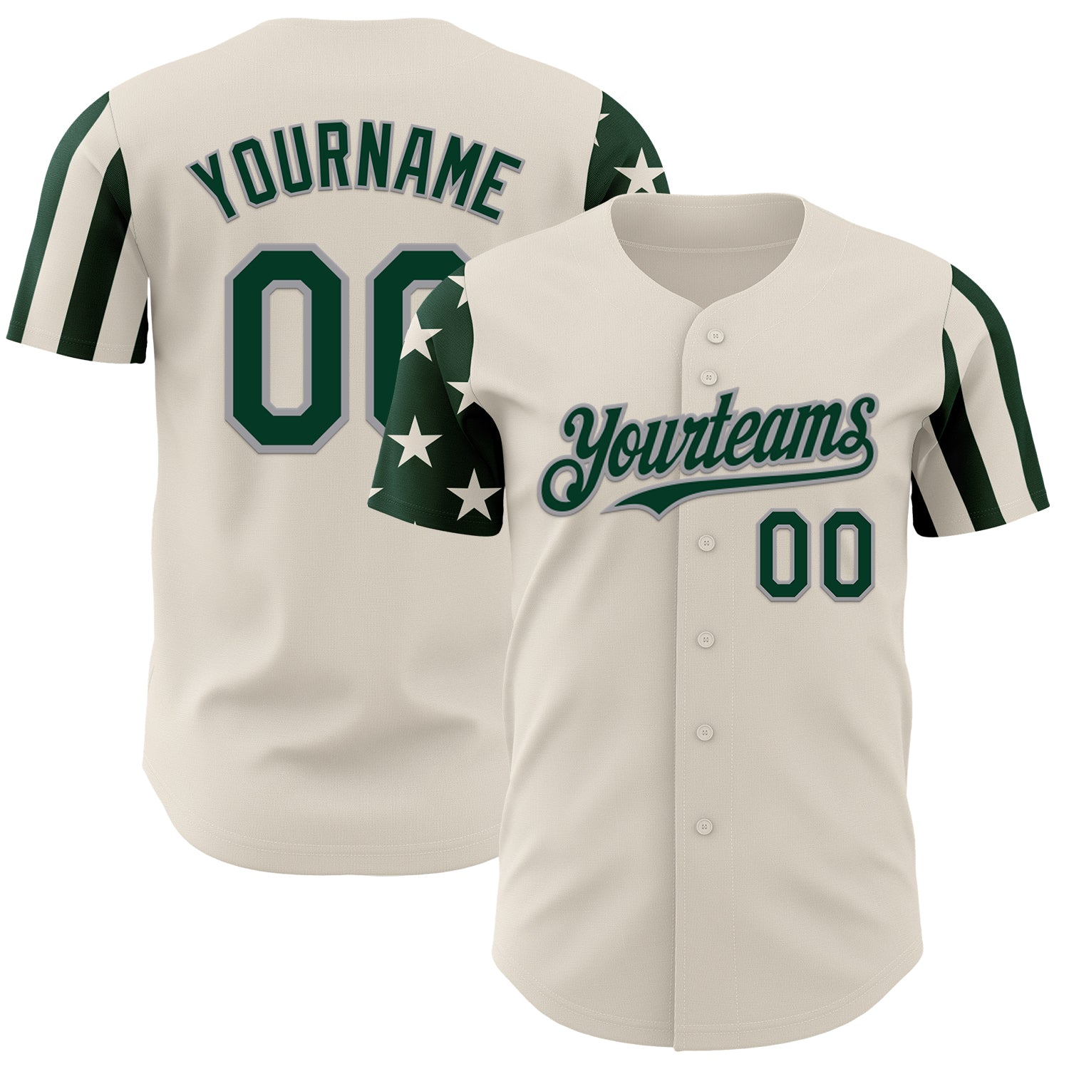 Custom Cream Green-Gray Two Tone USA Flag Sleeves Stars and Stripes Authentic Baseball Jersey